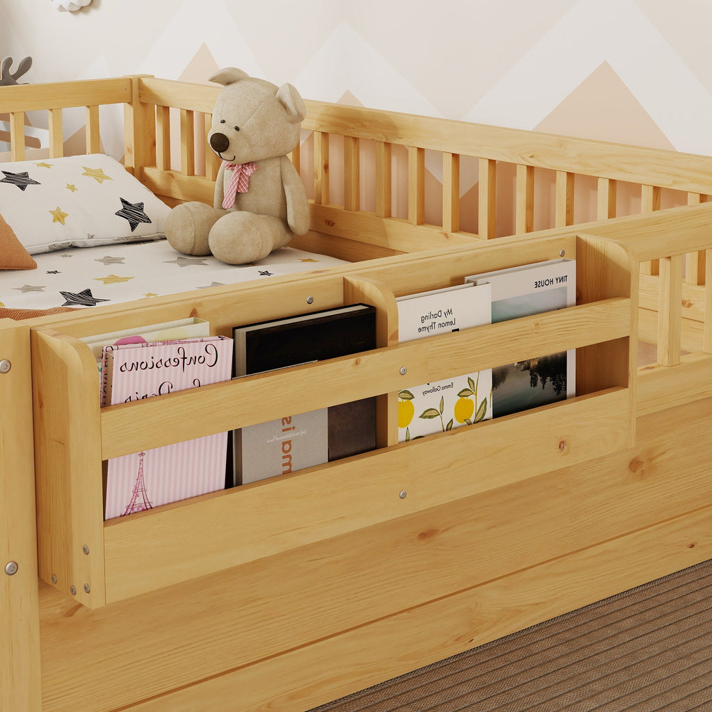 Full Montessori Floor Bed Frame with High Rails, Wood Kids Floor Beds with Light and Storage Shelf, Natural (Expect Arrival Date 2025/8/15)
