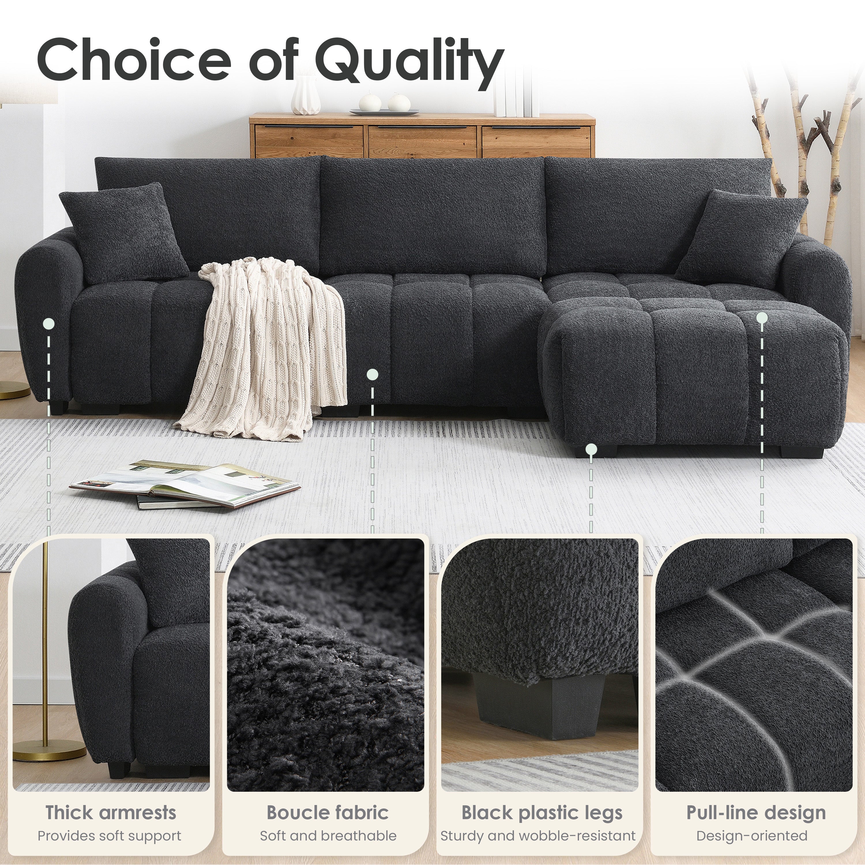 110' Modular Sectional Sofa, L Shape with Extra-large Seat, Pull-line Design, Movable Ottoman, High Density Foam, Free Combination, Sturdy Metal&Wood Frame, Boucle Fabric, 3 Colors