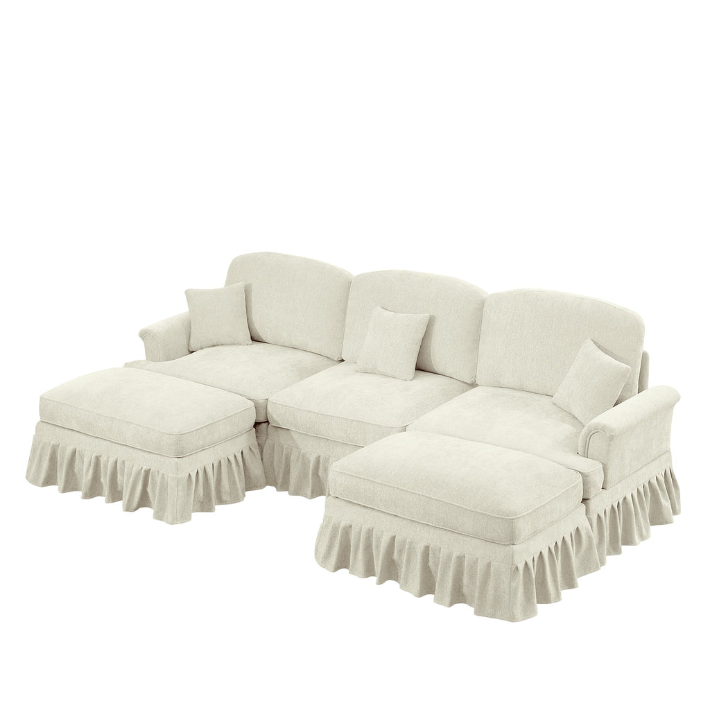 Classic Comfy Modular U Shape Sectional Sofa Couch with Flared Arms and Removable Ruffles Pleats Skirts and Spindle Legs, Upholstered Chenille Deep Seat Cloud Sofa with Movable Ottomans, Beige White