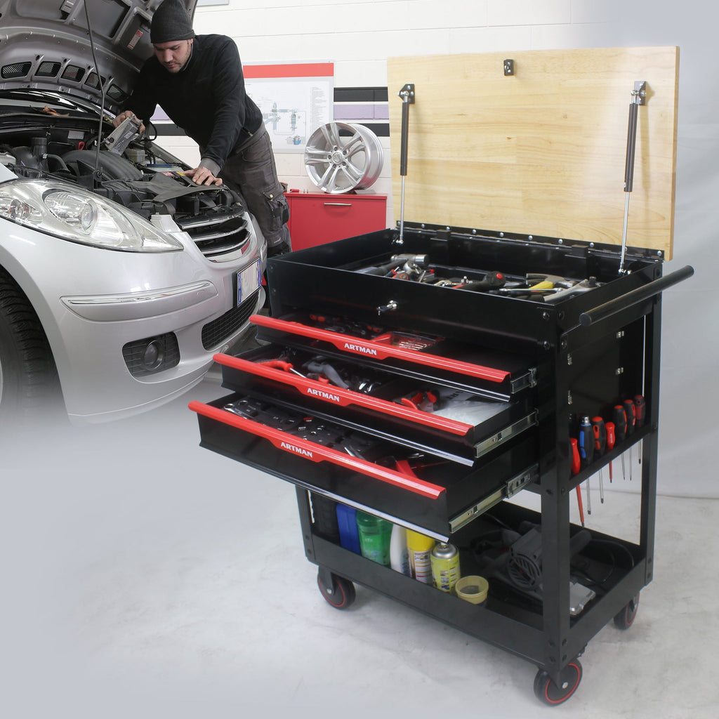 3 DRAWERS MULTIFUNCTIONAL TOOL CART WITH WHEELS AND WOODEN TOP--BLACK&RED