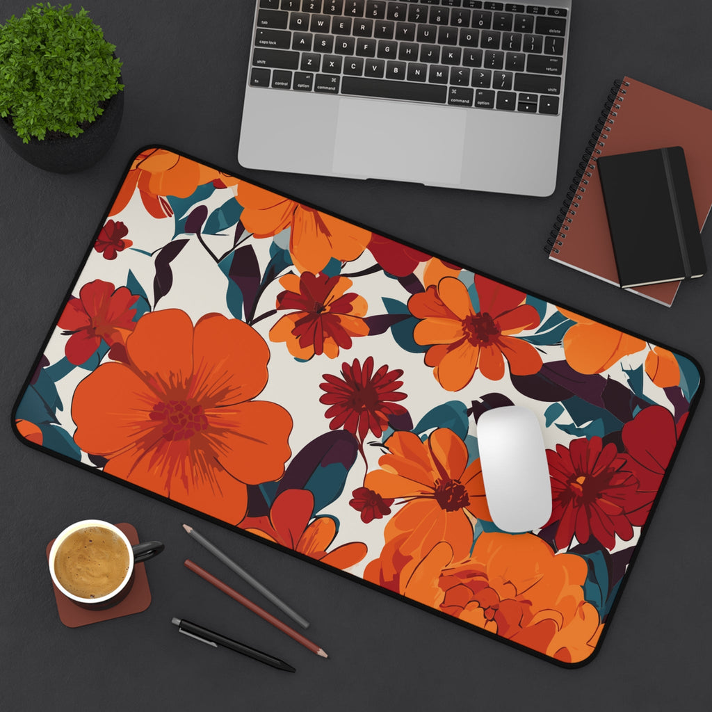 Vibrant Orange Floral Desk Mat | Retro Bloom Mouse Pad for Aesthetic Workspaces