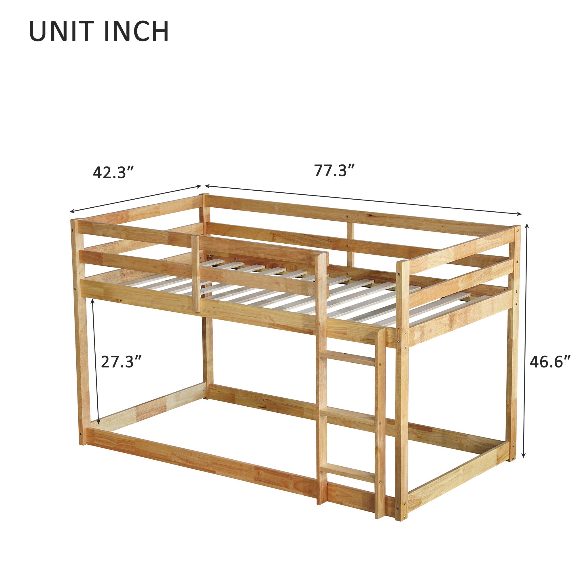 Solid Wooden, Solid Rubber Wooden Twin over Twin Floor Bunk Bed with Ladder, with Bed Platform of Strengthened Slats  , Natural