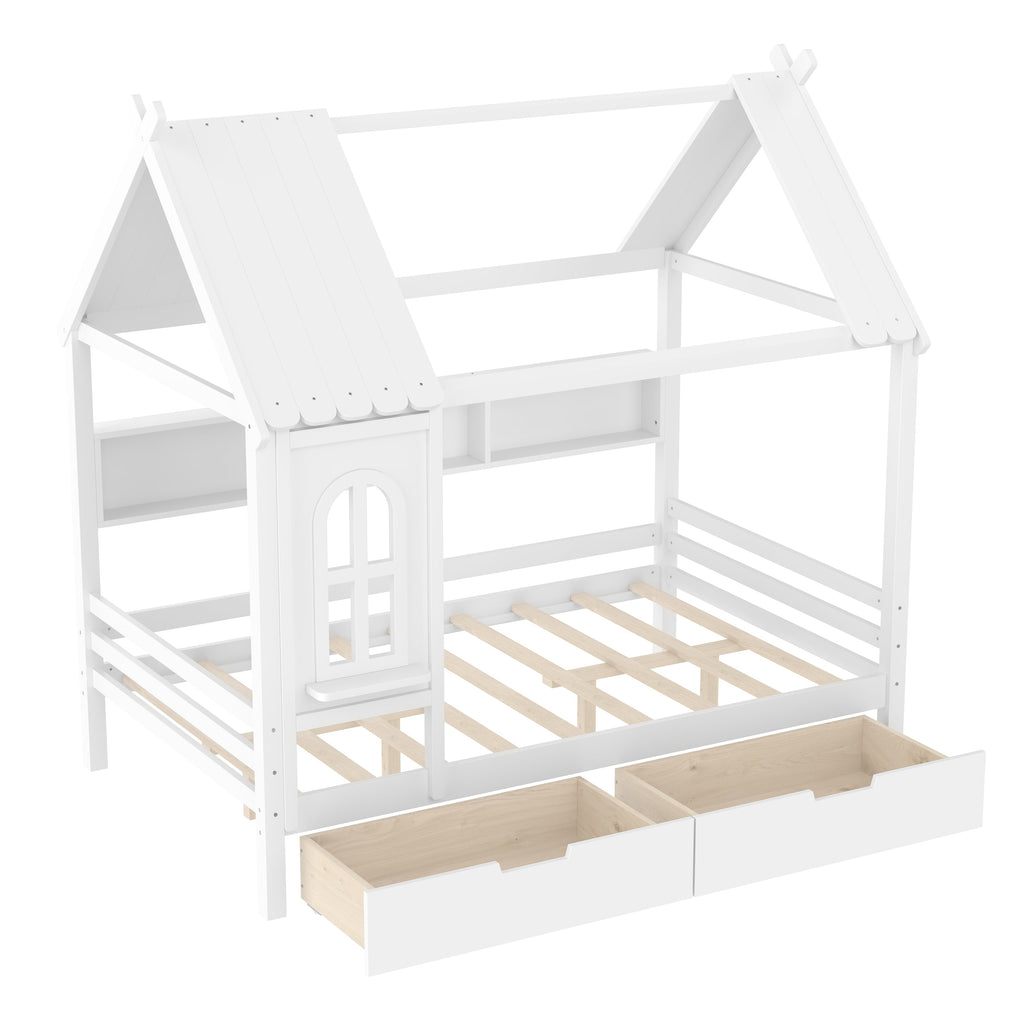 Full house Beds with Storage Drawers and Window, Solid Wood House Platform Bed Frame with shelves, for Kids, Girls, Boys, No Spring Box Needed and Childlike Design, White