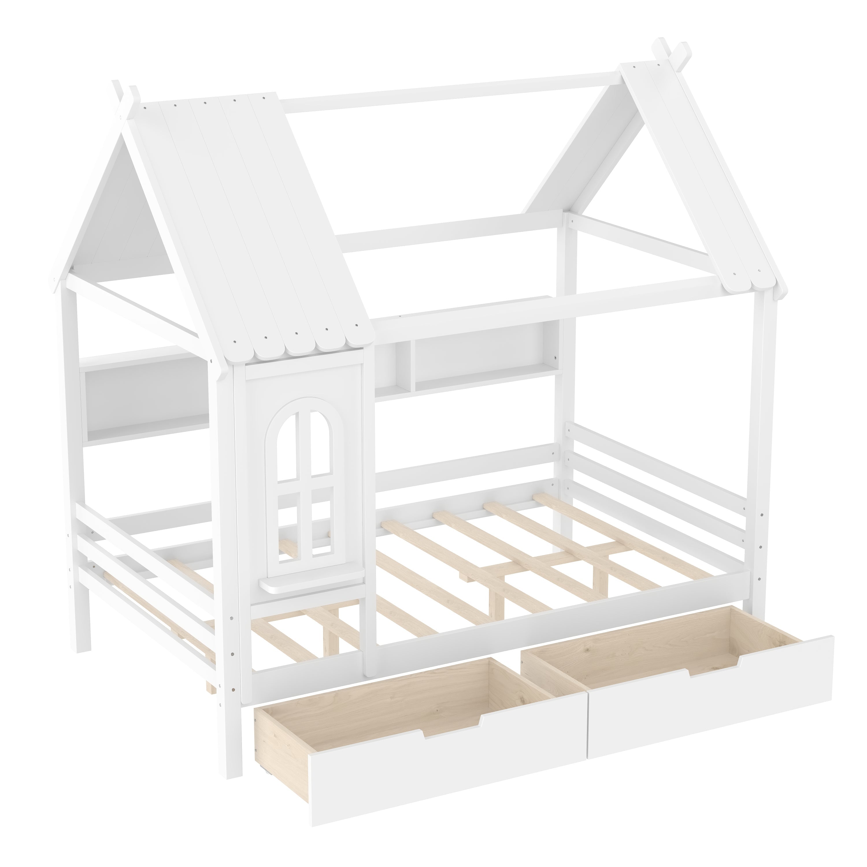 Full house Beds with Storage Drawers and Window, Solid Wood House Platform Bed Frame with shelves, for Kids, Girls, Boys, No Spring Box Needed and Childlike Design, White