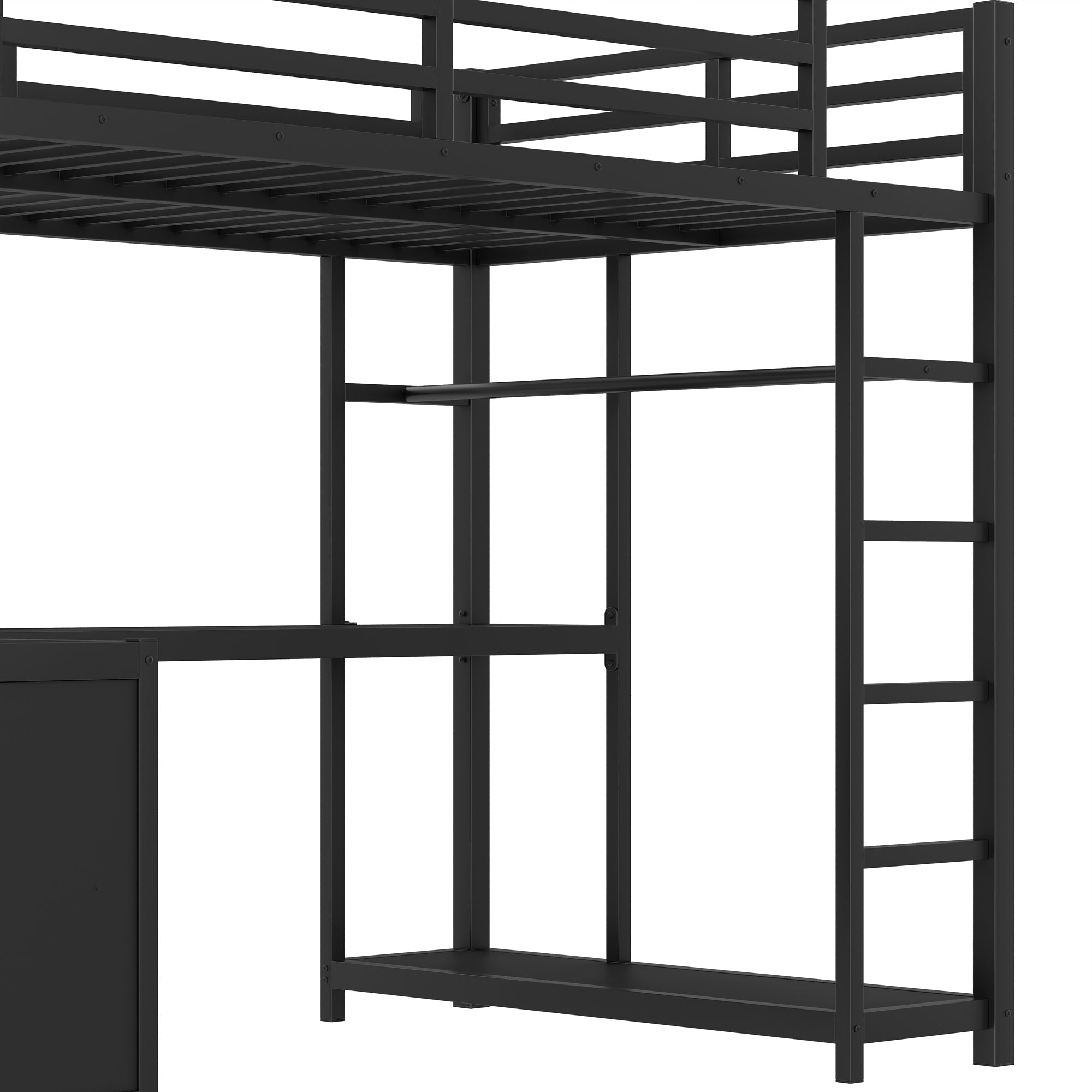 Metal Loft Bed with Wardrobe and L-shaped Desk, Twin XL Size Loft Bed with Storage Cubes and Shelves, Loft Bed for Kids Teens Adults, Black
