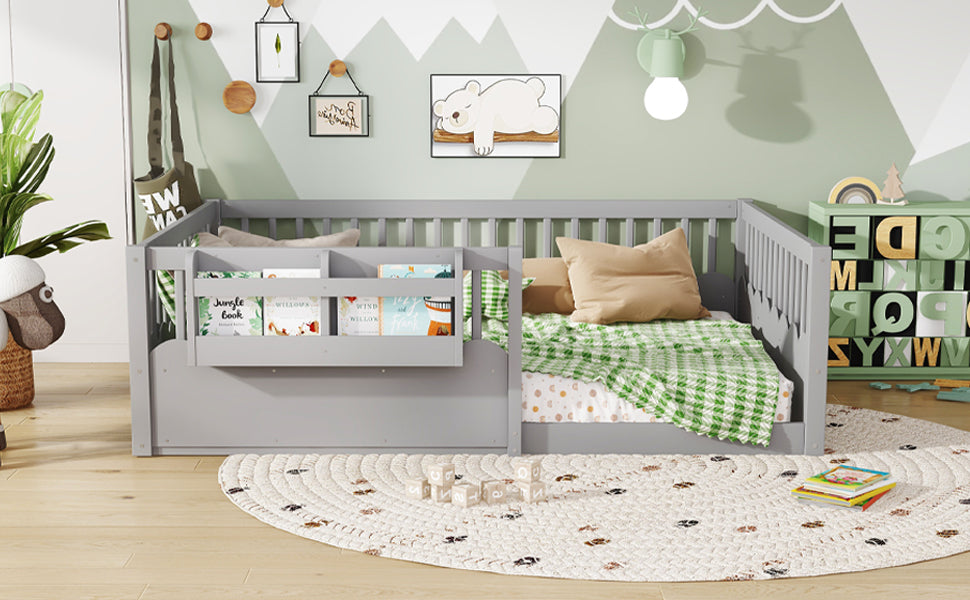 Full Floor bed with Heightened Fence and bookshelf ,Wood Floor Bed for Kids,Gray.