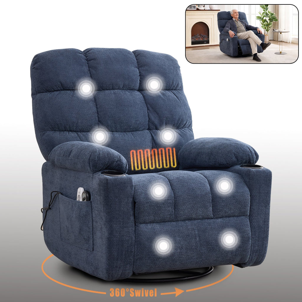 Heat Massage Manual Recliner Chair with Rocker and Swivel in Fabric for Living Room, Blue