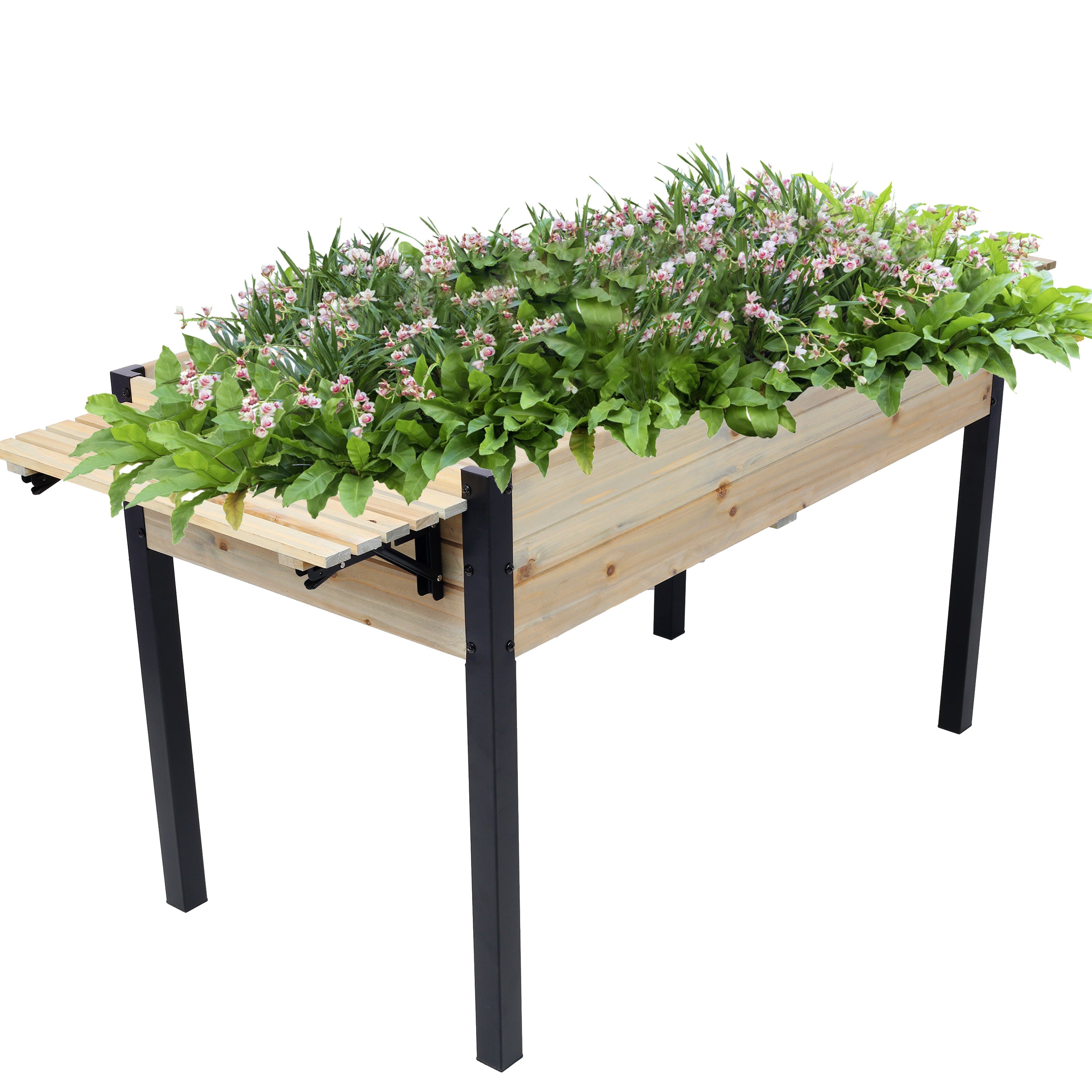 Raised Garden Bed with Metal Legs and Folding Storage Shelf for Outdoor Patio, Deck, Balcony