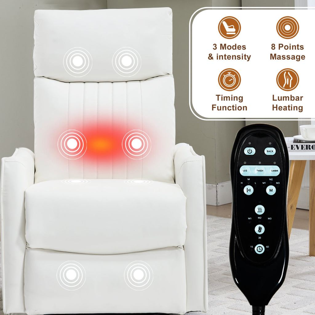 White Heat Massage Manual Recliner Chair with Rocker and Swivel in Faux Leather for Living Room