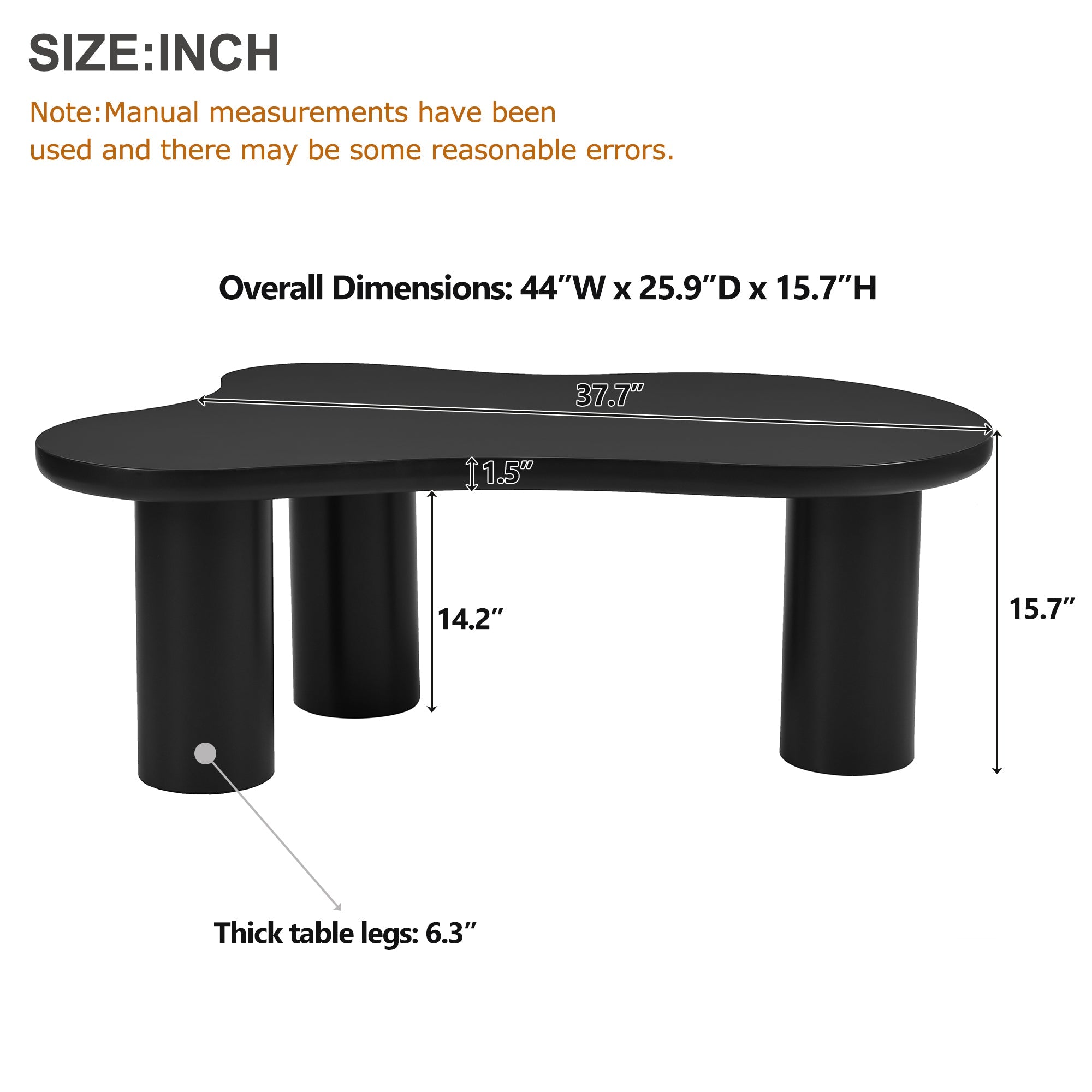 ON-TREND 44'' x 25.9'' Easy Assembly Cloud Coffee Table with 1.5'' Thick Tabletop, Cream Style Irregular End Table with 3 Sturdy Legs, Sleek Center Table with Round Edge for Living Room, Black
