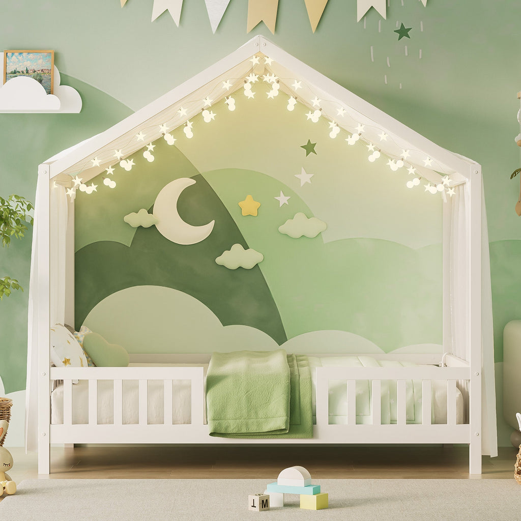Montessori Floor Bed with Canopy, Twin Bed Frame for Kids, House Shape Kids Bed Frame with High Railings, Wood Kids Bed with Roof, Kid Twin Bed, White