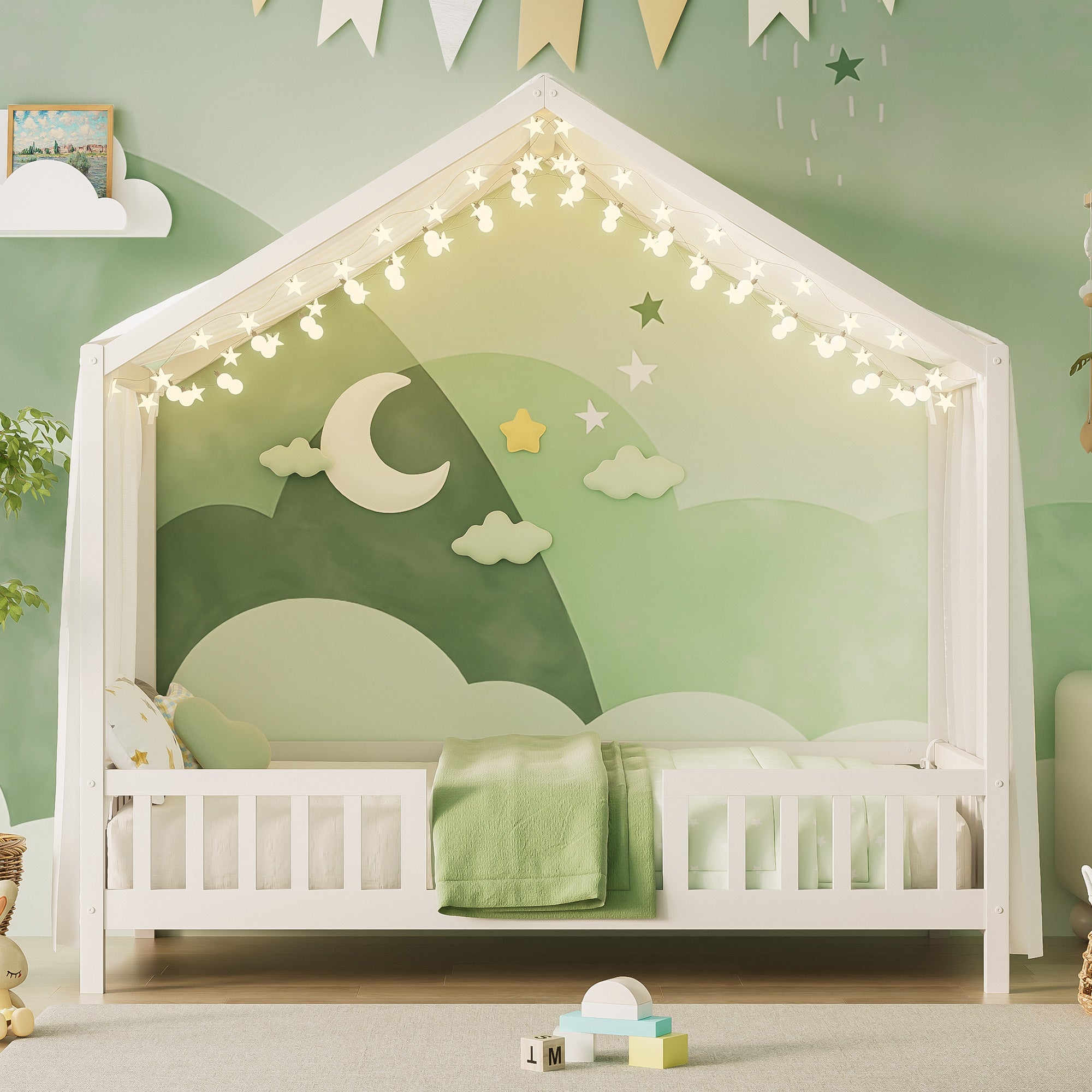 Montessori Floor Bed with Canopy, Twin Bed Frame for Kids, House Shape Kids Bed Frame with High Railings, Wood Kids Bed with Roof, Kid Twin Bed, White
