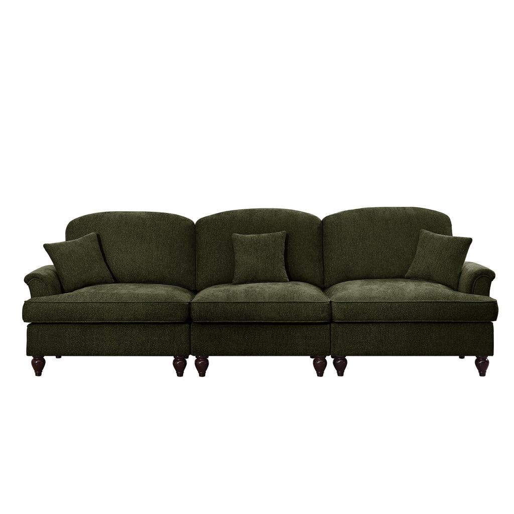 Elegant Mid Century Large 3 Seater Sofa Couch with Flared Arms and Removable Ruffles Pleats Skirts and Spindle Legs, Comfy Chenille Three-Seat Sofa for Living Room, Green