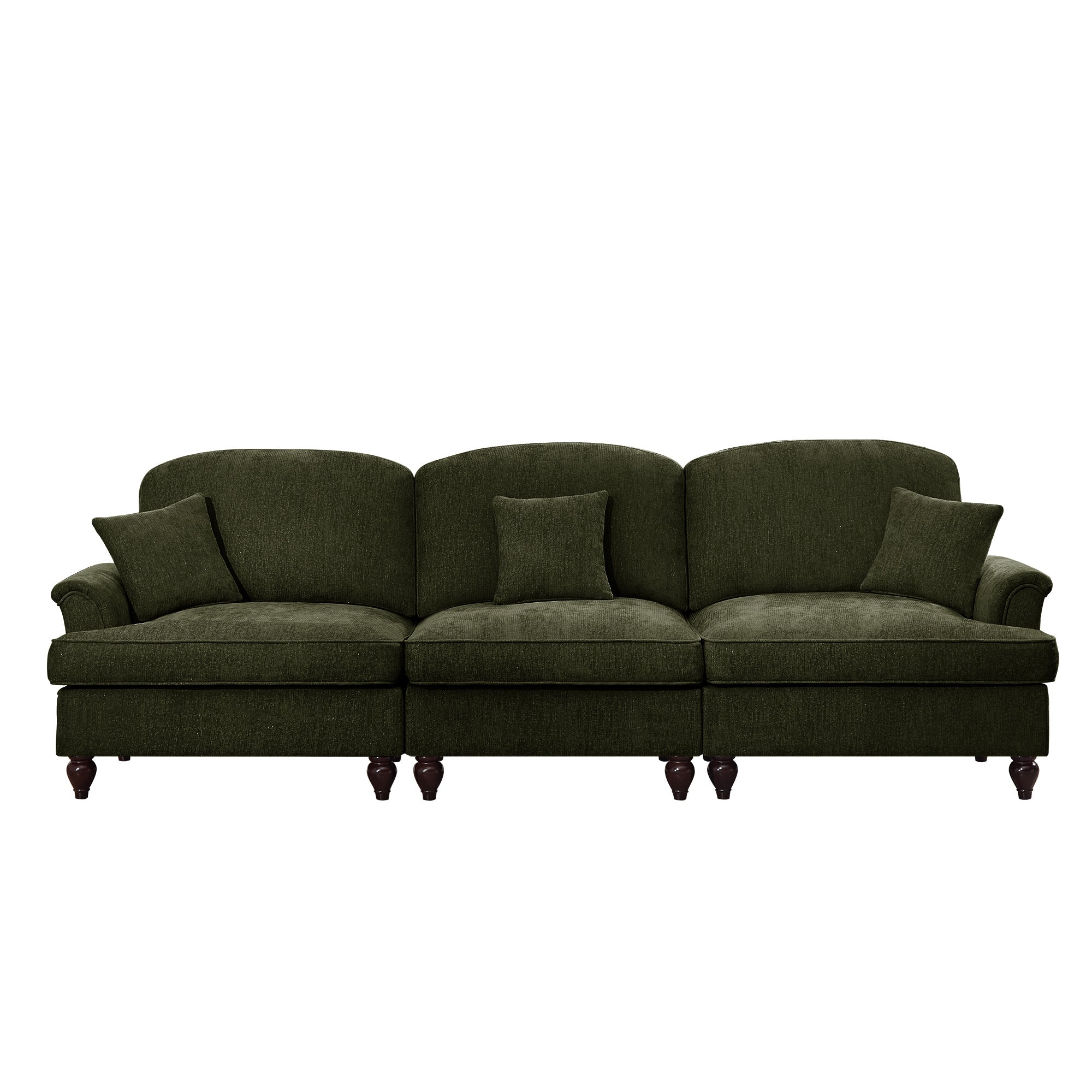 Elegant Mid Century Large 3 Seater Sofa Couch with Flared Arms and Removable Ruffles Pleats Skirts and Spindle Legs, Comfy Chenille Three-Seat Sofa for Living Room, Green