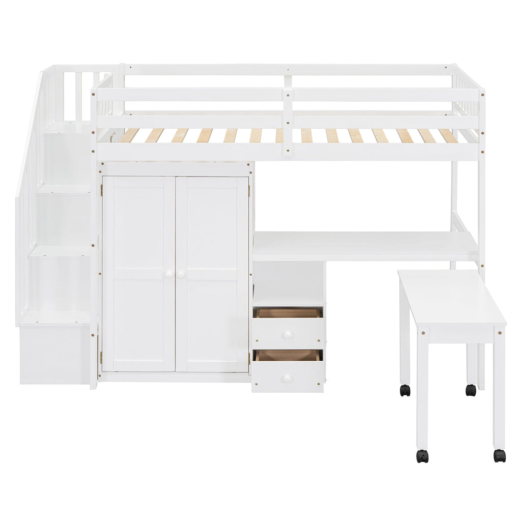 Twin Size Loft Bed with Stairs, Bookshelf, Drawers, Desk & Wardrobe – Space-Saving Multifunctional Furniture for Kids & Teens-White