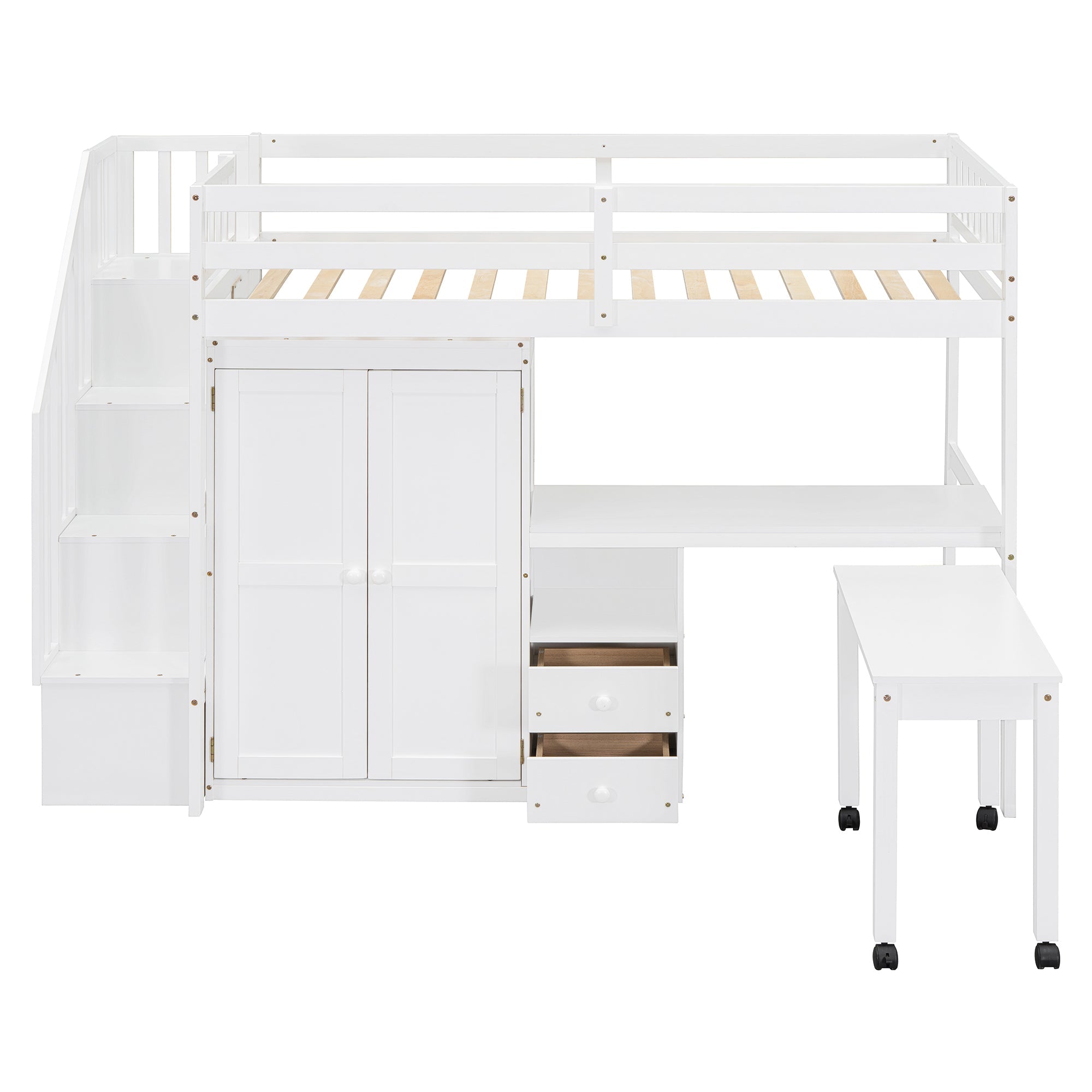 Twin Size Loft Bed with Stairs, Bookshelf, Drawers, Desk & Wardrobe – Space-Saving Multifunctional Furniture for Kids & Teens-White