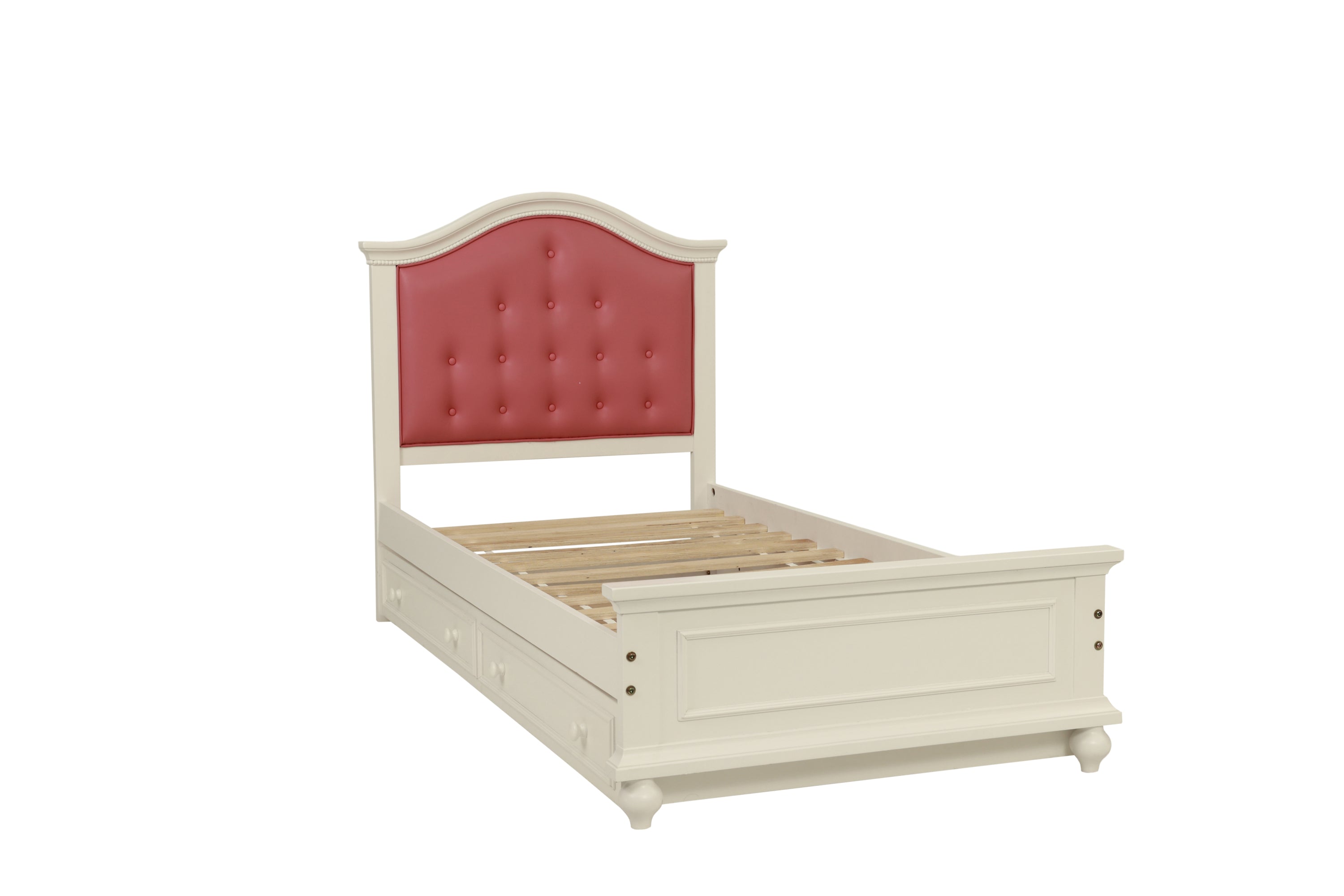 Contemporary Style Twin Size Bed w/ Trundle Slats Pine Plywood Kids Youth Bedroom Furniture Pink Faux Leather Tufted HB