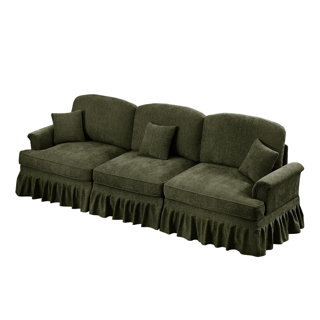 Elegant Mid Century Large 3 Seater Sofa Couch with Flared Arms and Removable Ruffles Pleats Skirts and Spindle Legs, Comfy Chenille Three-Seat Sofa for Living Room, Green