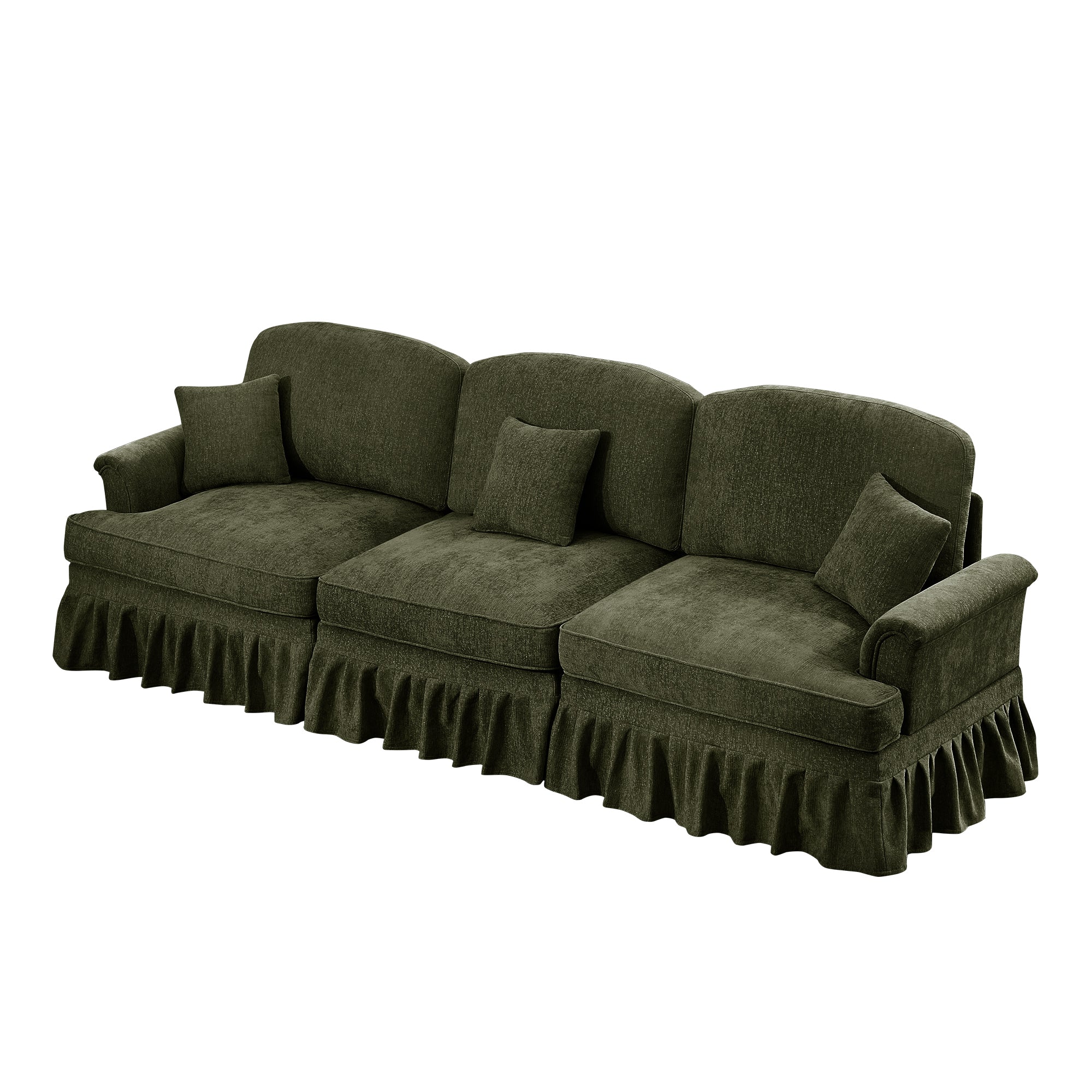 Elegant Mid Century Large 3 Seater Sofa Couch with Flared Arms and Removable Ruffles Pleats Skirts and Spindle Legs, Comfy Chenille Three-Seat Sofa for Living Room, Green