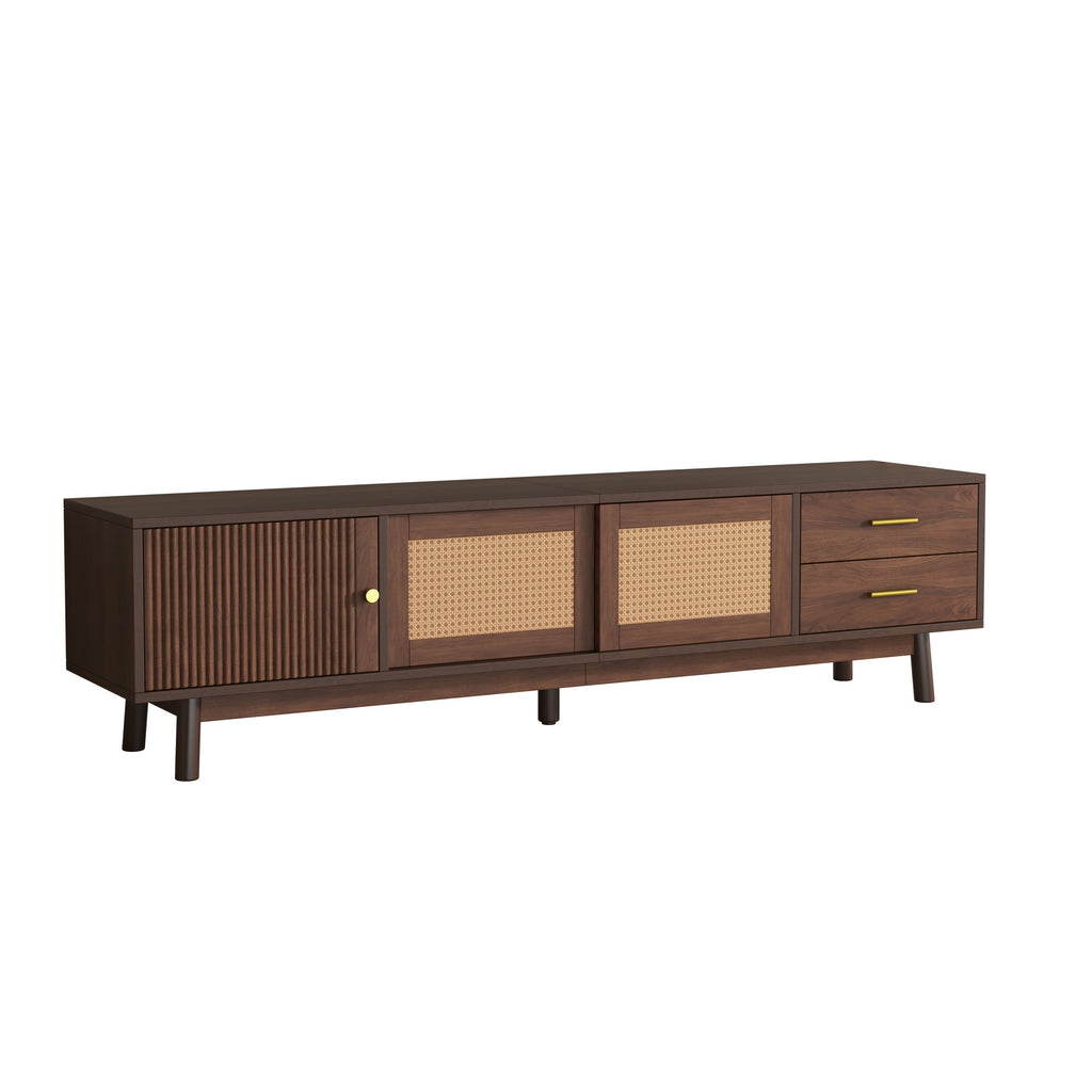 Mid Century Modern TV Stand for 80' TVs, Entertainment Center with Sliding Doors and Drawers, TV Table with Storage for Living Room, Bedroom