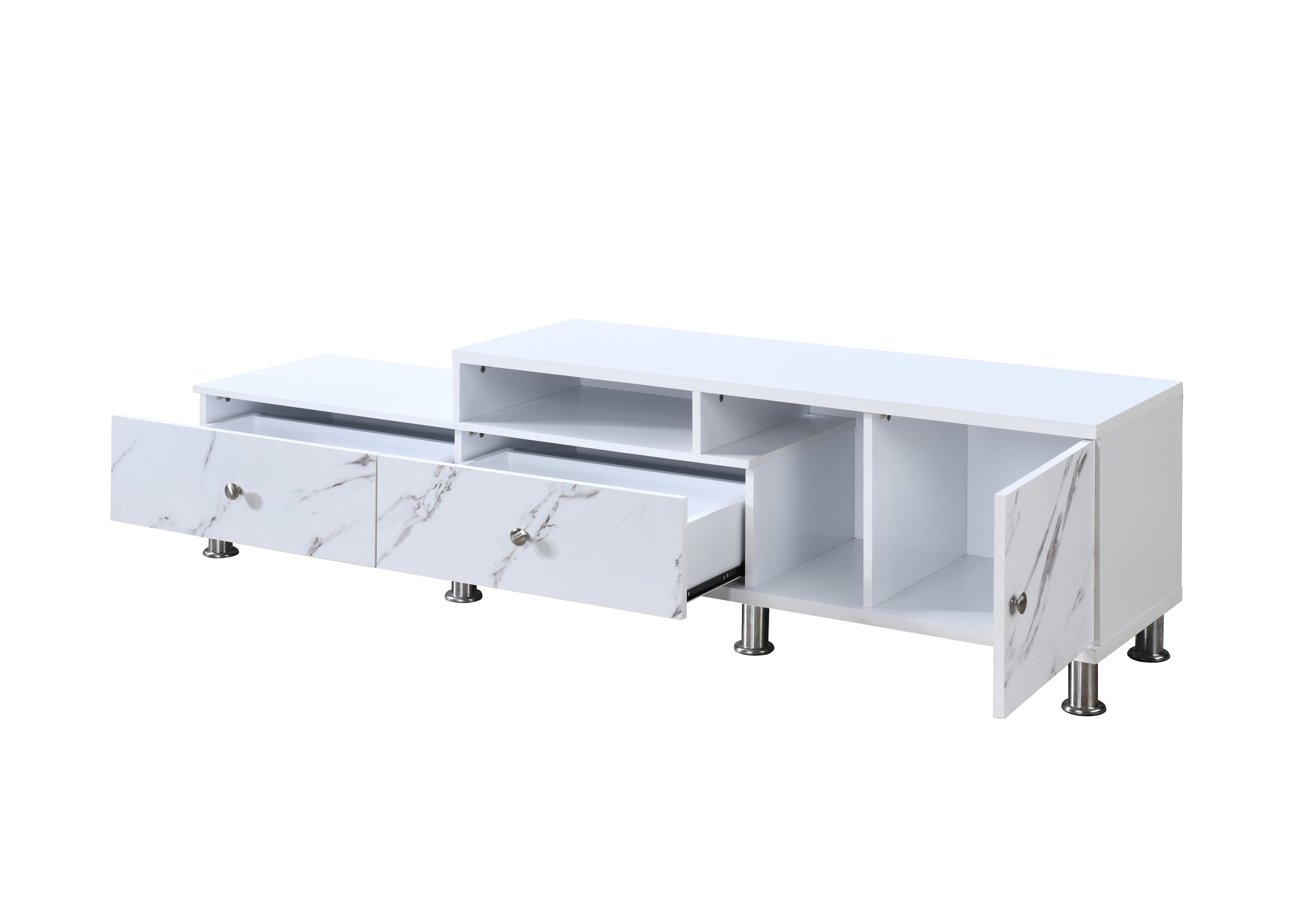 1pc Modern Sleek White Finish Faux Marble Accents Silver-tone Legs TV Stand Console Living Room Furniture
