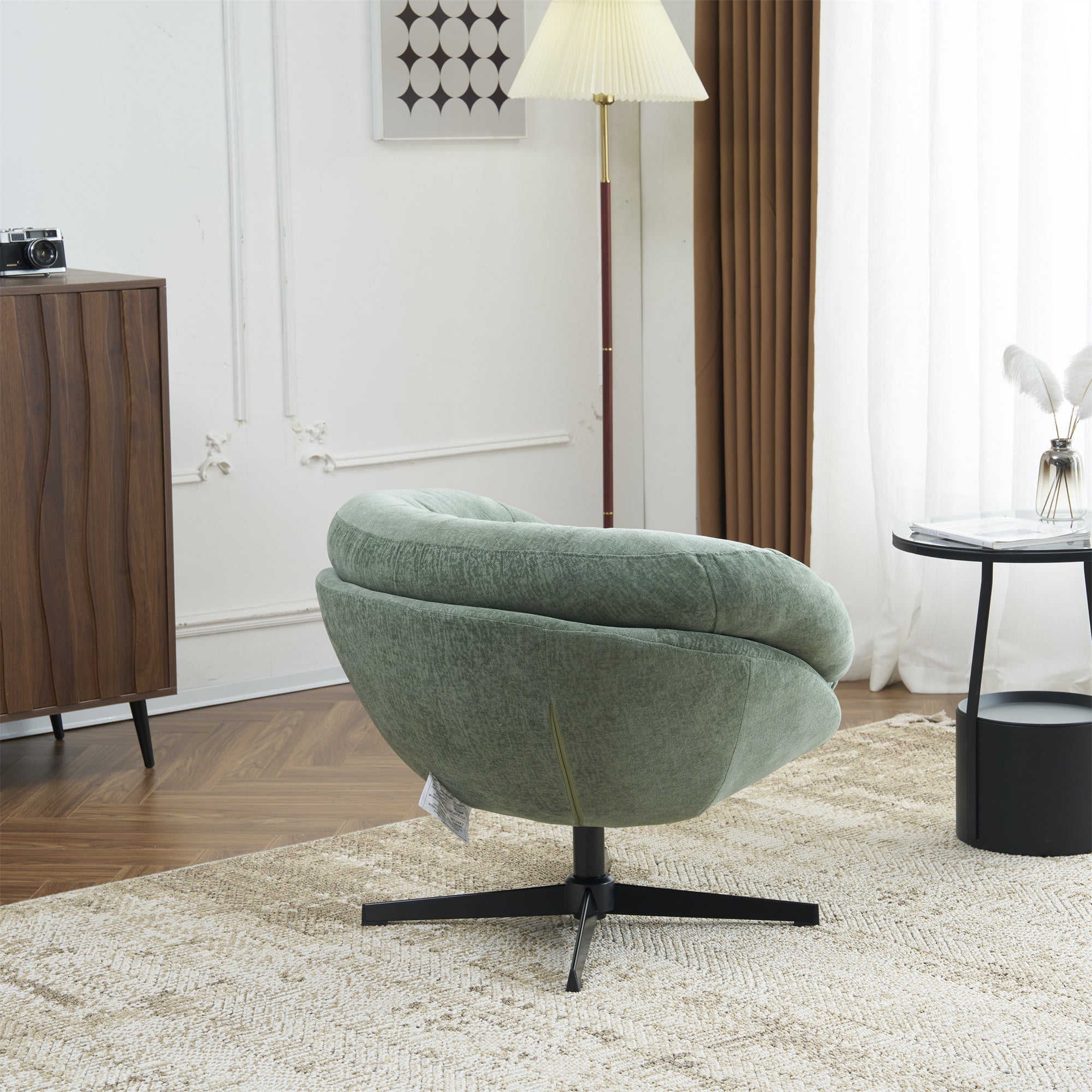 Modern Chenille Office Chair, 360° Swivel Club Chair/Accent Chair with Removable Cushion, Round Office Chair, Black Metal Base, Cotton Material, Living Room, Bedroom, Reading Corner, Office (Green)