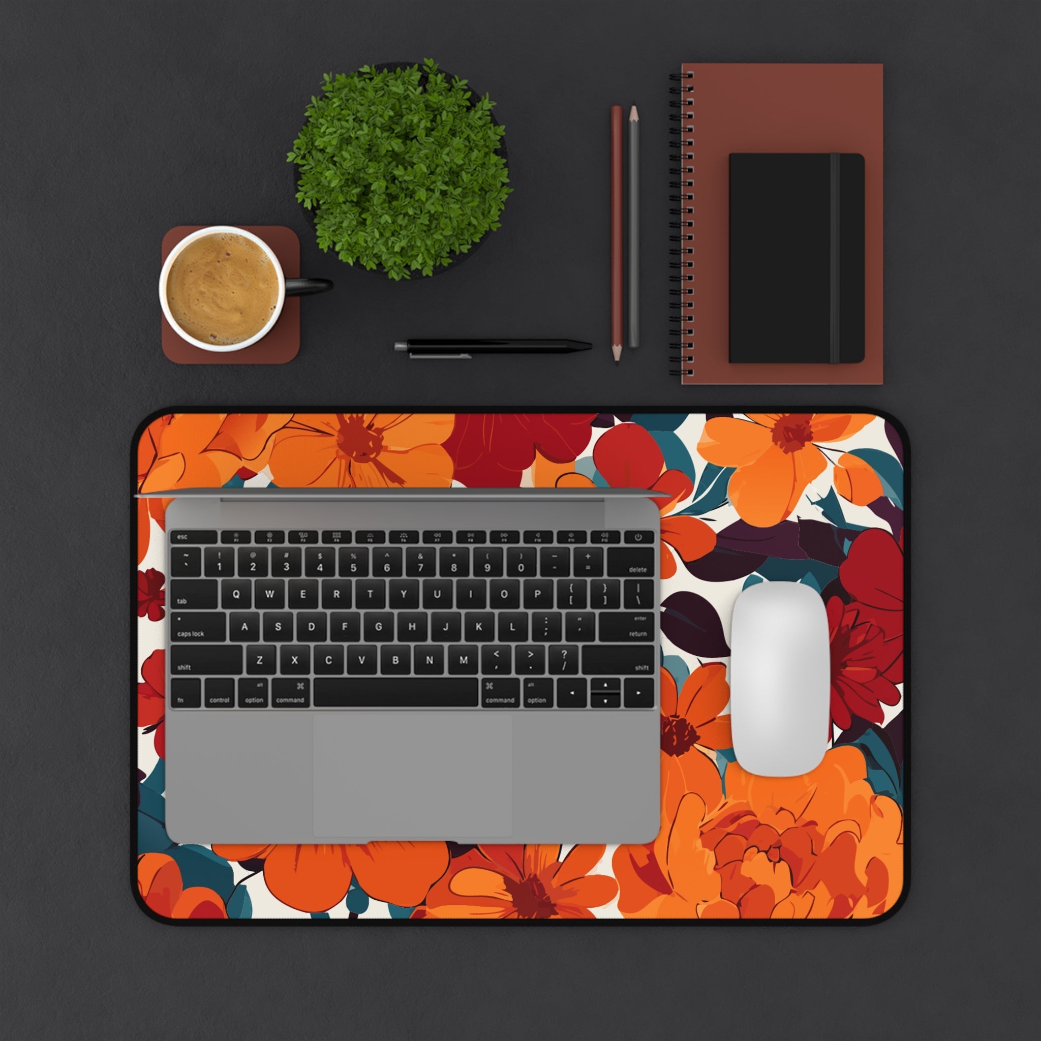 Vibrant Orange Floral Desk Mat | Retro Bloom Mouse Pad for Aesthetic Workspaces