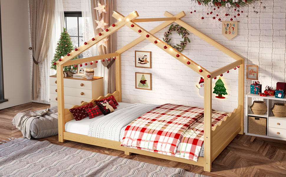 Full House Floor Bed with Support Slats, Solid Wood House Bed Frame for Kids, No Box Spring Needed and Opening Constructure, Natural