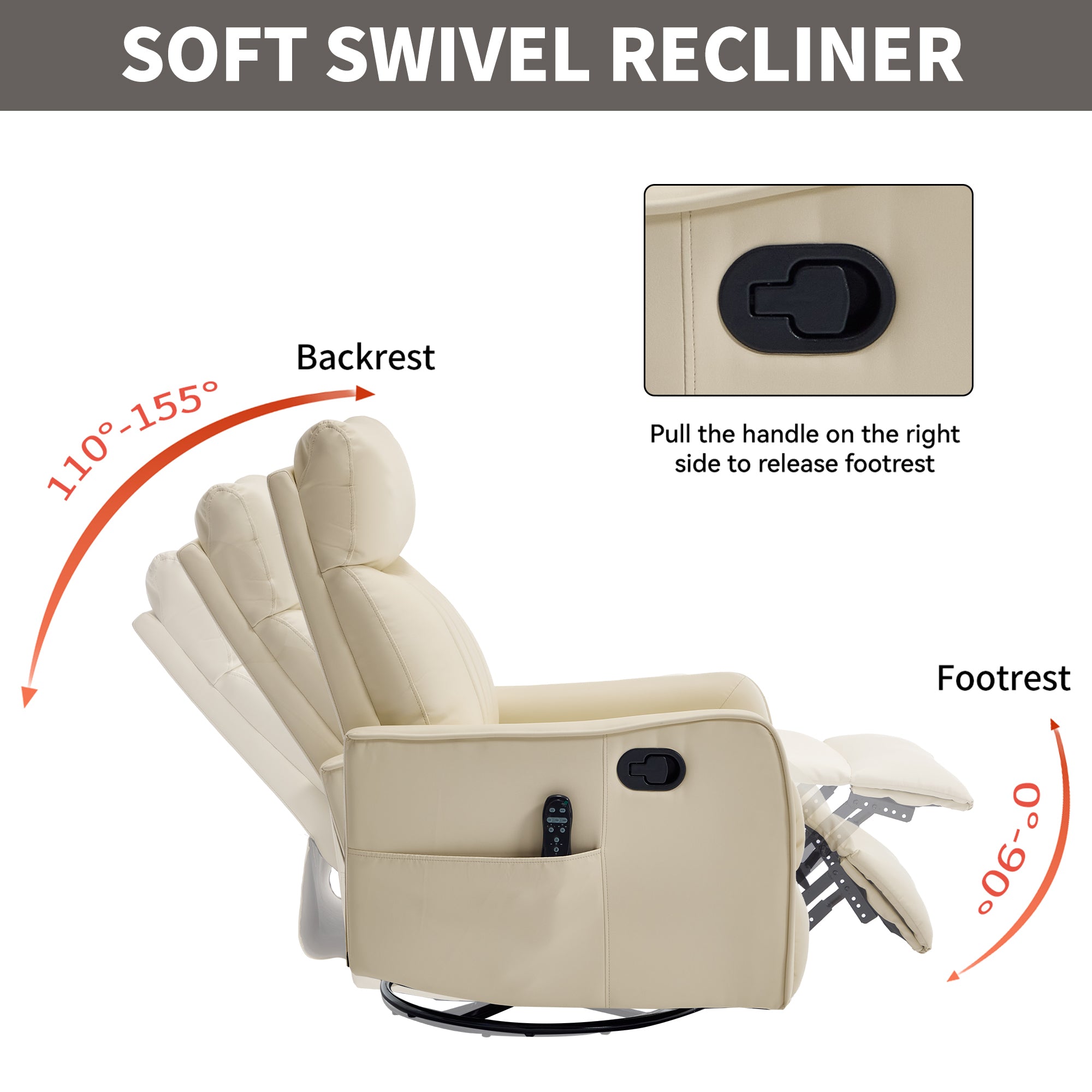 Beige Heat Massage Manual Recliner Chair with Rocker and Swivel in Faux Leather for Living Room