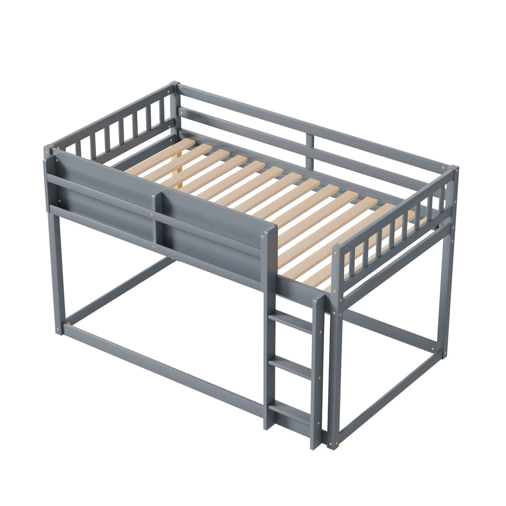 Low Twin Over Twin Bunk Bed, Floor Bunk Bed with Ladder, Solid Wood Twin Bunk Bed for Kids & Juniors, Grey(Expect Arrival Date 2025/11/25)