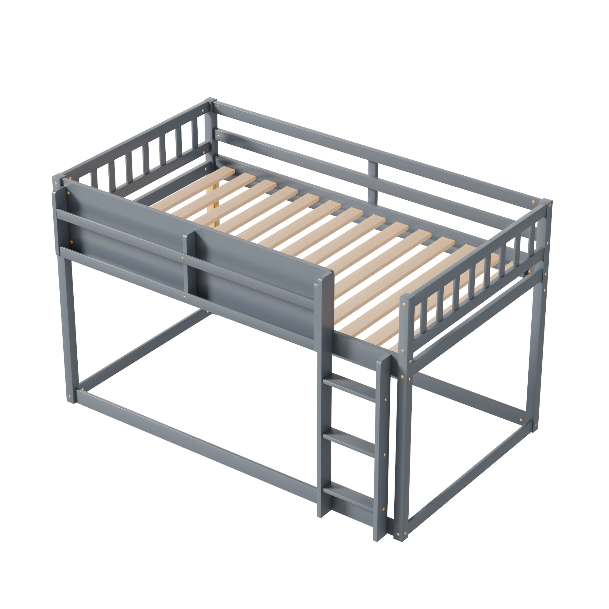 Low Twin Over Twin Bunk Bed, Floor Bunk Bed with Ladder, Solid Wood Twin Bunk Bed for Kids & Juniors, Grey(Expect Arrival Date 2025/11/25)