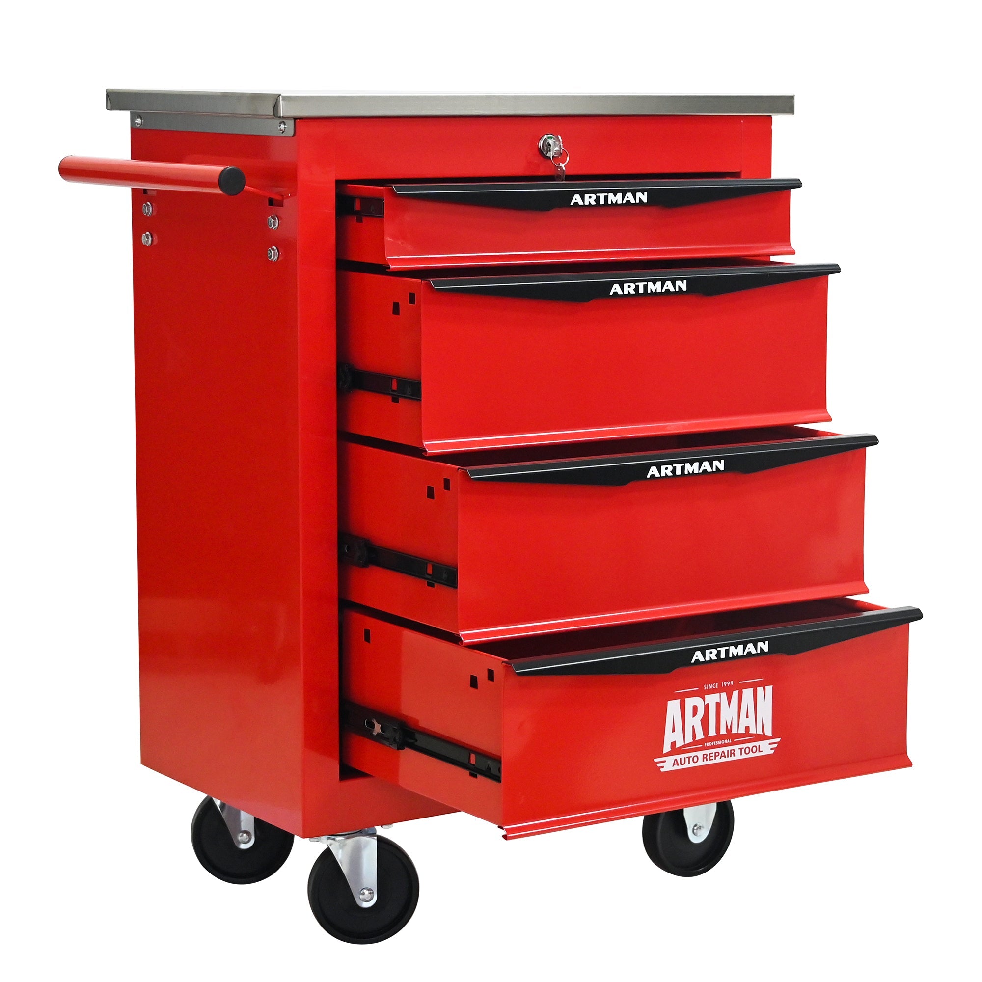 4 Drawers Multifunctional Tool Cart with Wheels,Metal Rolling Tool Cart Storage for Garage Workshop Warehouse Repair Shop--With  Stainless Steel Roof- Red&Black