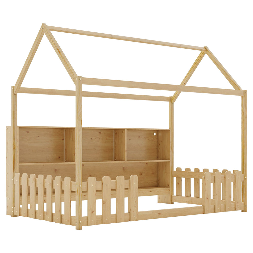 Twin Size House Bed with LED Light, Wood House Bed with Storage Bookshelf, Floor House Bed with Guardrails for Kids, Natural (Expect Arrival Date 2025/3/14)