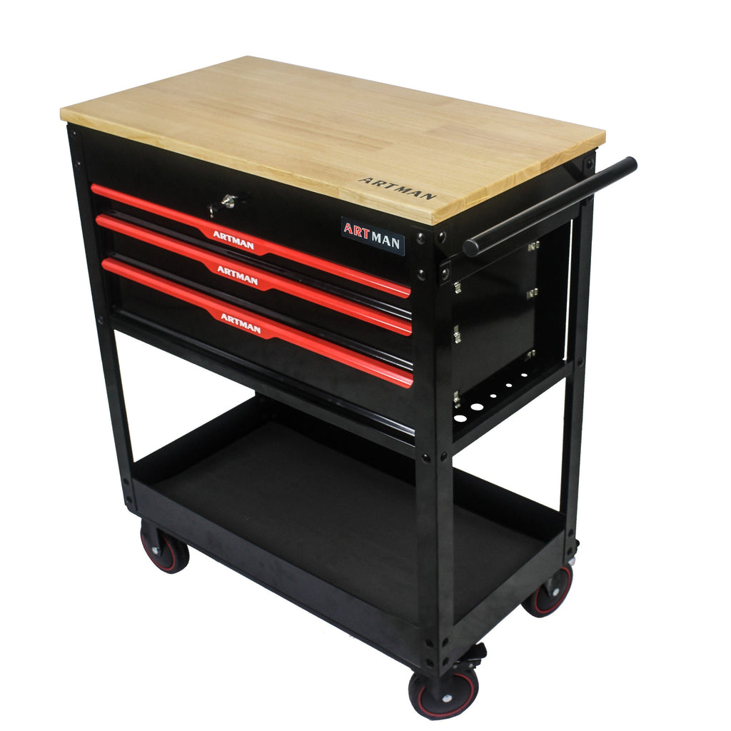 3 DRAWERS MULTIFUNCTIONAL TOOL CART WITH WHEELS AND WOODEN TOP--BLACK&RED