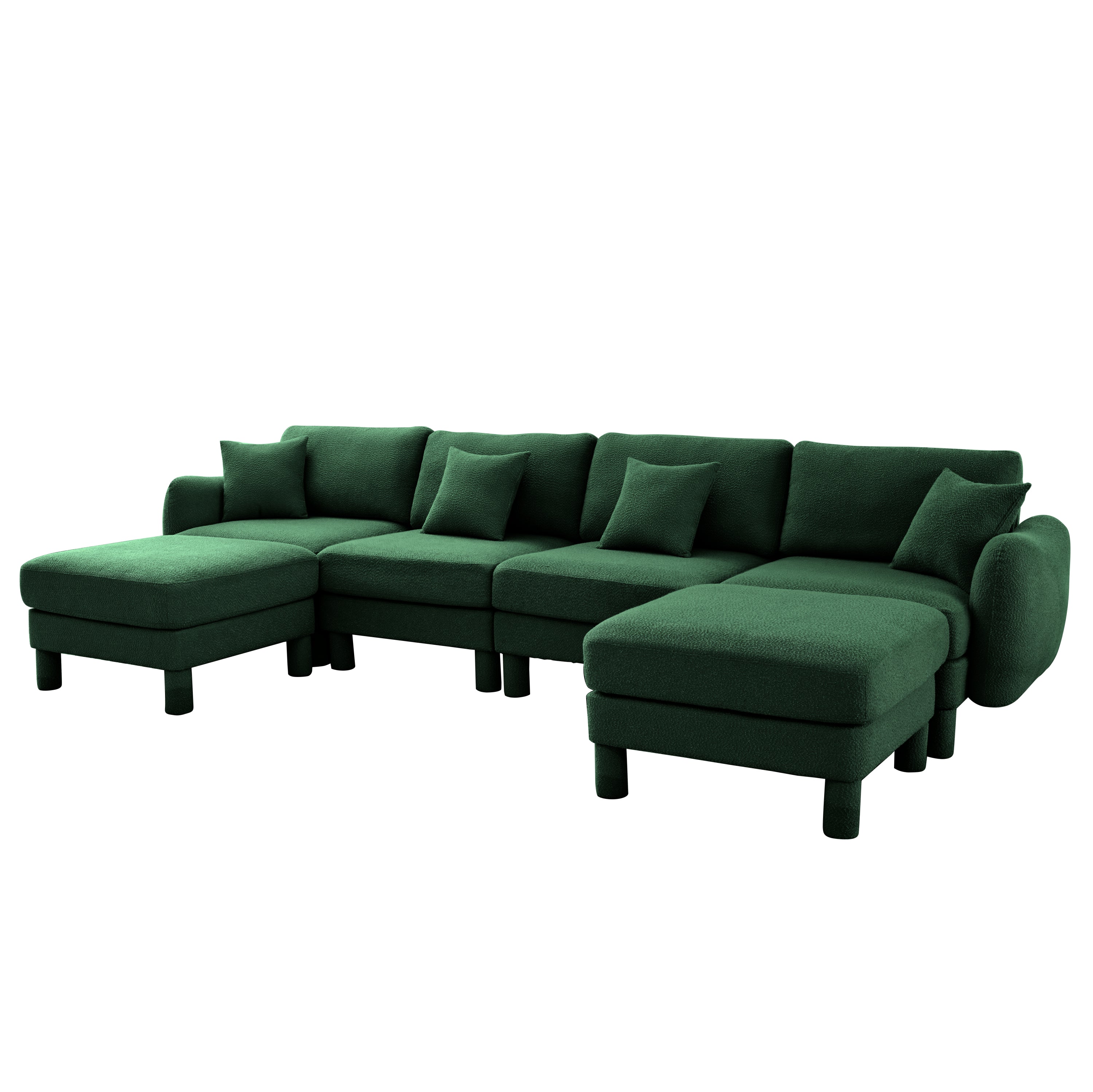 Boucle Fabric U Shape Sectional 4-seater Sofa Couch With Distinctive Shell-shaped Armrests And 2 Movable Ottomans,Cylindrical Legs Wrapped with Self-fabric,Green Color