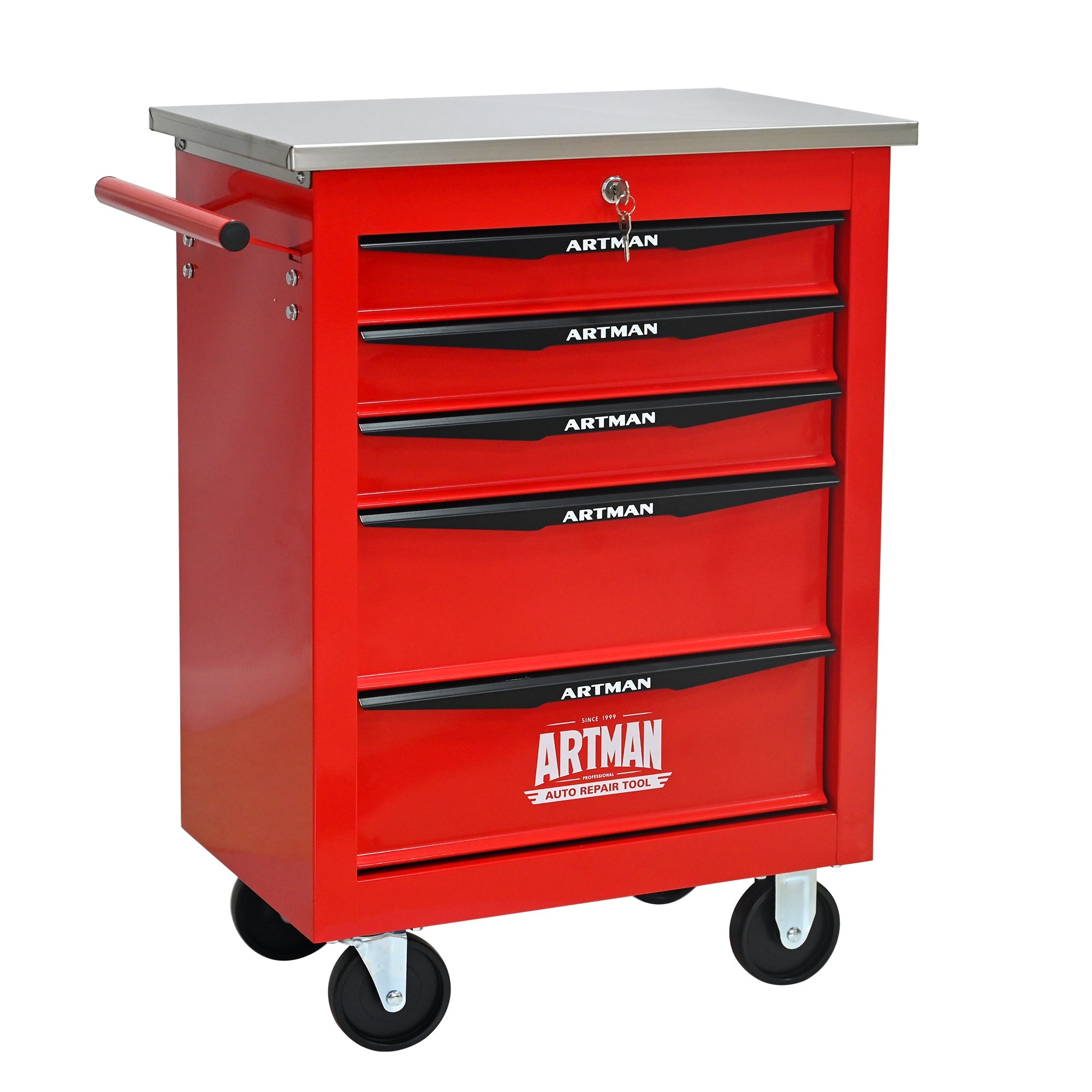 5 Drawers Multifunctional Tool Cart with Wheels,Metal Rolling Tool Cart Storage for Garage Workshop Warehouse Repair Shop--With Stainless Steel Roof--Red&Black