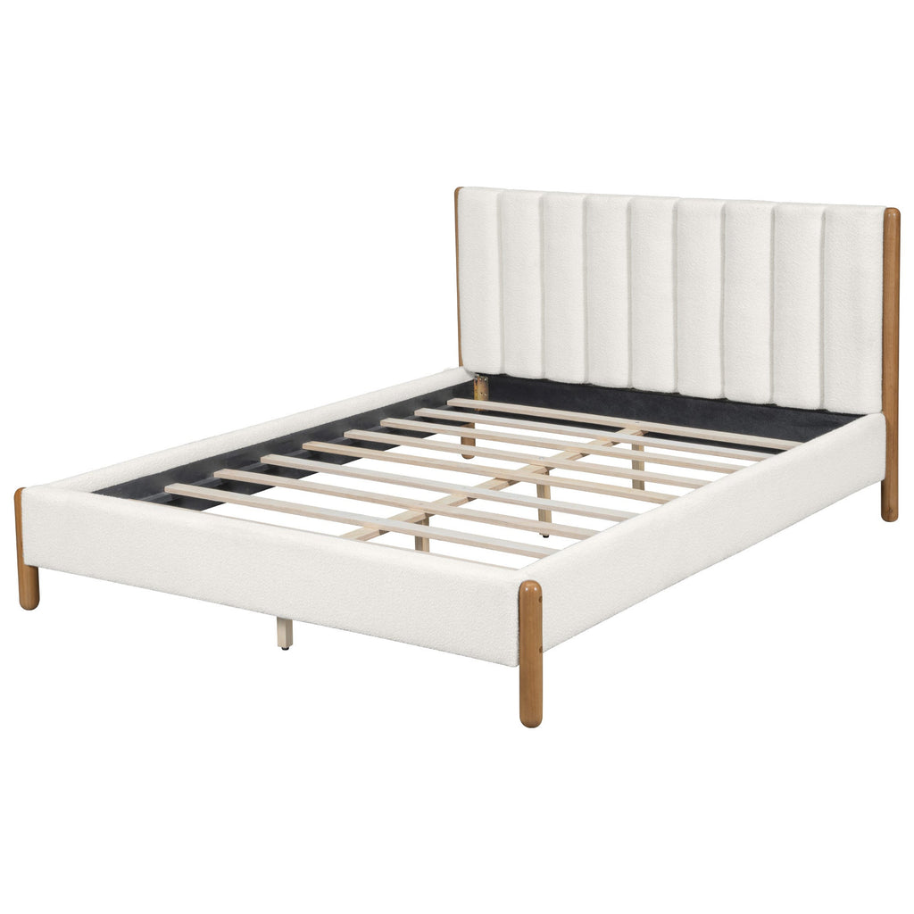 Queen Size Bed Frame with Boucle Upholstered Thick Headboard, Solid Wooden Legs, White