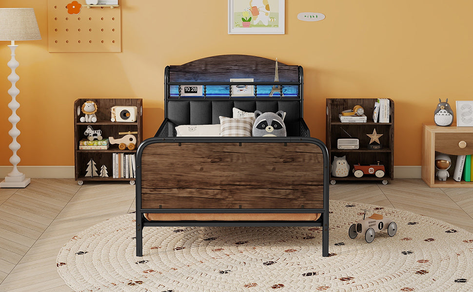 Twin Size Metal Platform Bed Frame with Light, Kids Twin Metal Bed with Upholstered and Pull Out Storage Shelves, Black (Expect Arrival Date 2025/10/5)