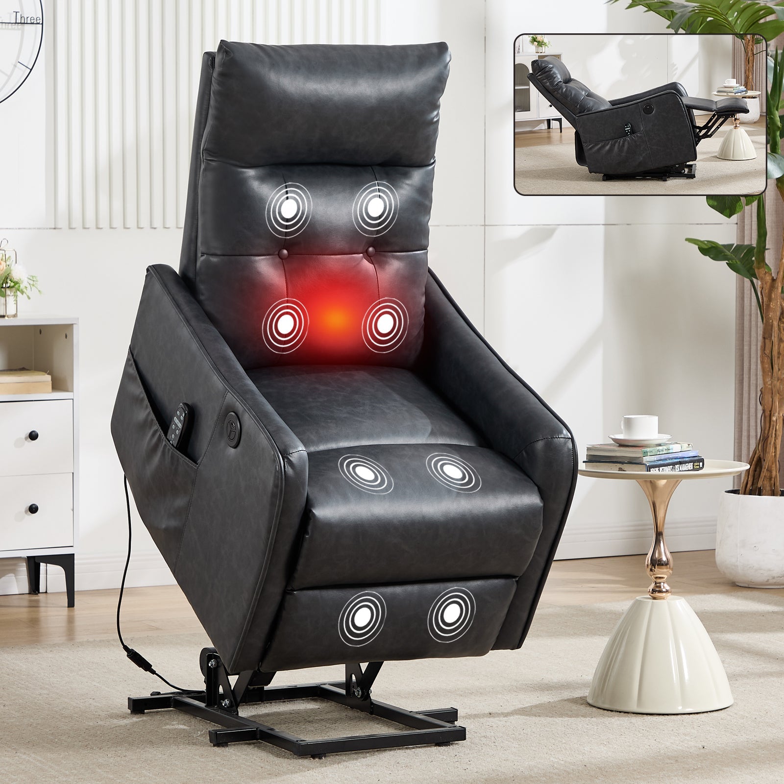 Deep Grey PU Single Motor Power Lift Recliner Chair with Massage and Heat for Elderly, Heavy Duty Motion Mechanism and One USB for Charging, Max Reclining Angle 155°