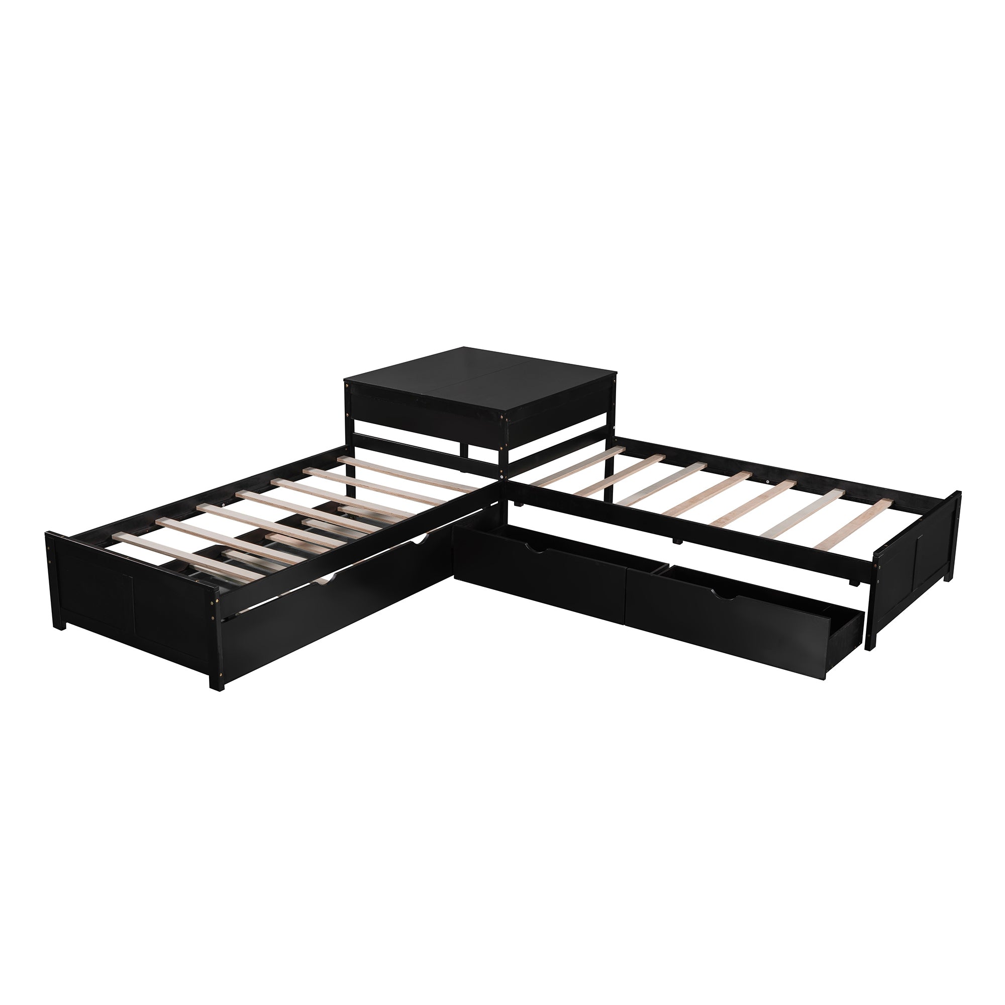 L-shaped Platform Bed with Trundle and Drawers Linked with built-in Desk,Twin,Espresso(Old SKU:SM000916AAP)