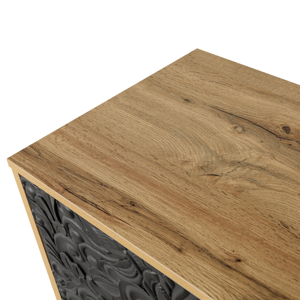 Black Carved Symmetrical Design Door And Wood Coloured Frame For TV Stand Table,Living Room ,Entryway
