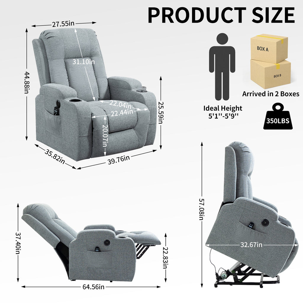 Infinite Position Single Motor Up to 350 LBS Power Lift Recliner Chair for Elderly, Heavy Duty Motion Mechanism with 8-Point Vibration Massage and Lumbar Heating, USB Charging Port, Cup Holders, Grey
