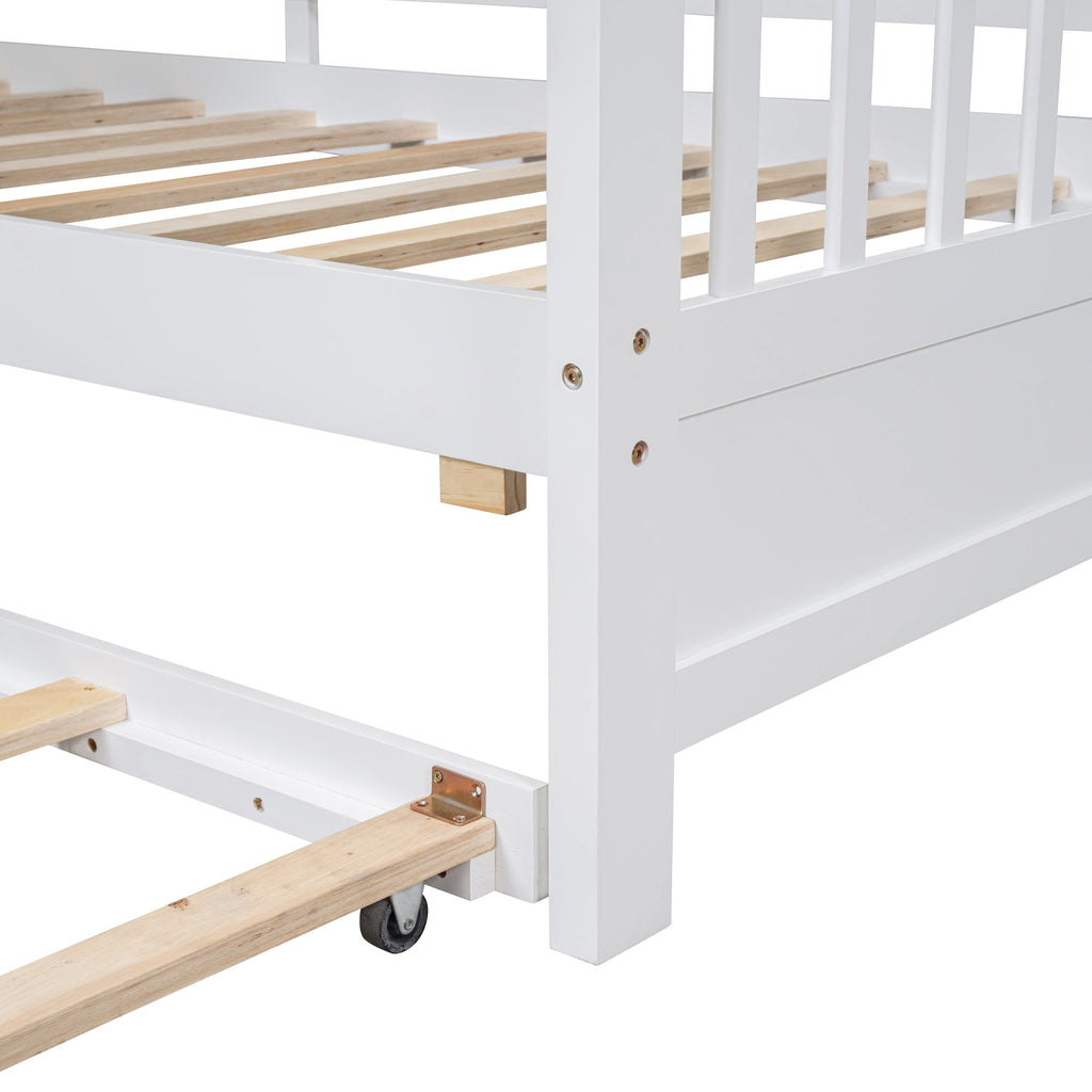 Wooden Full Size House Bed With Trundle, Modern Design for Kids with Storage Shlef, White(old SKU HL000095AAW)