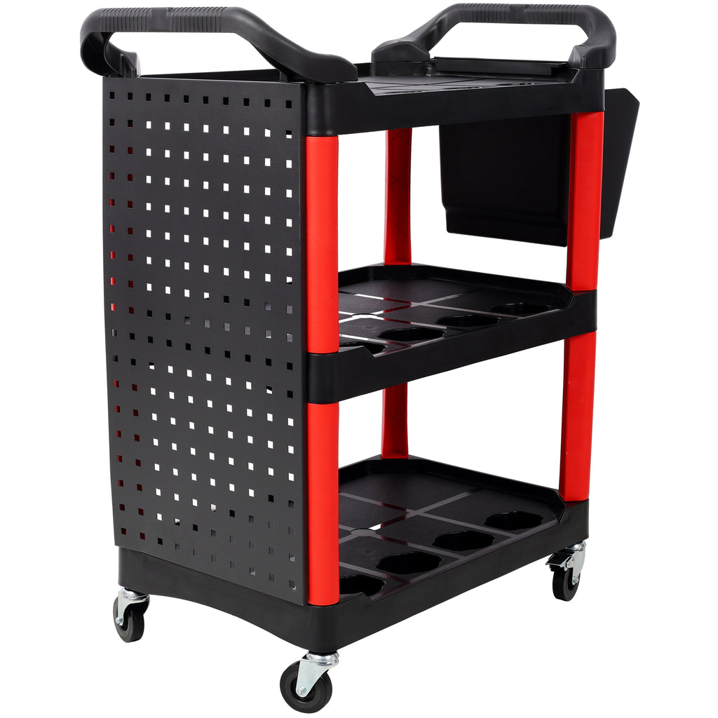 3 Tier Rolling Auto Detail Cart With Wheels,With Bucket & Panel & Hook,for Detailers Garage, Workshop, Repair Shop, Storage Tool,Red&Black