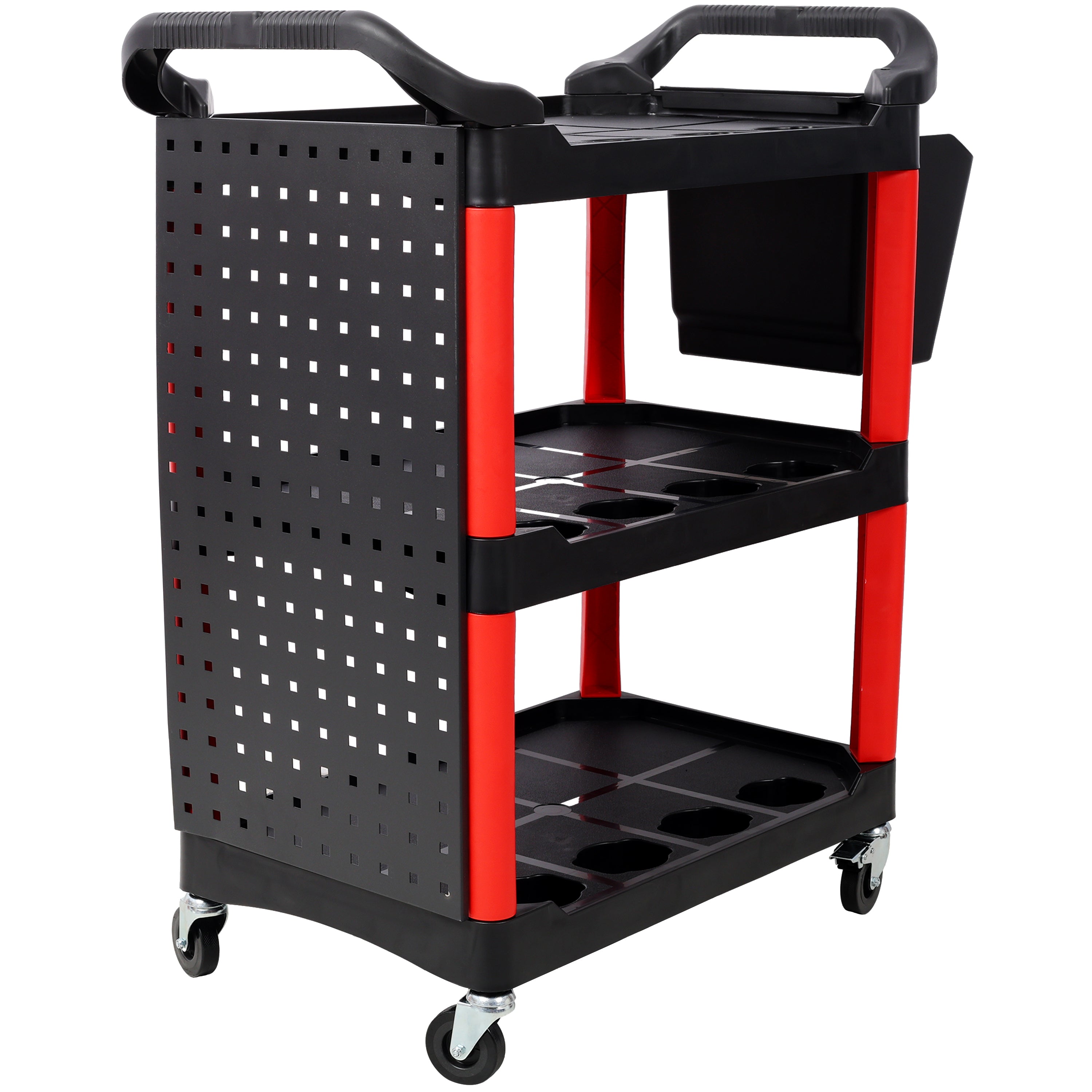 3 Tier Rolling Auto Detail Cart With Wheels,With Bucket & Panel & Hook,for Detailers Garage, Workshop, Repair Shop, Storage Tool,Red&Black