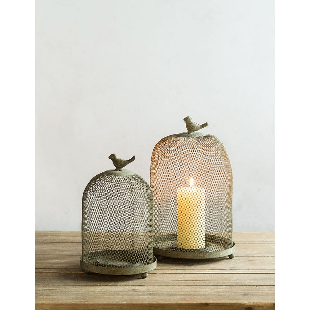 Set of 2 Ophira Sparrow Antique Gray Mesh Candle Holders, L: D8.5x13'  S: D7x10'