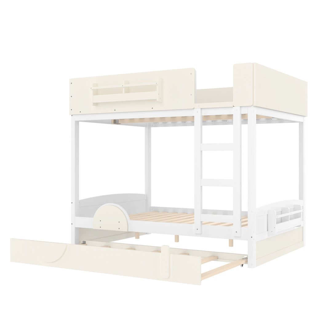 Full Bunk Bed with Trundle , Wood Bunk Bed Frame with Built-in Bookshelf and High-quality Safety Guardrail,Automobile Form Design for Kids ,White＆ Beige.