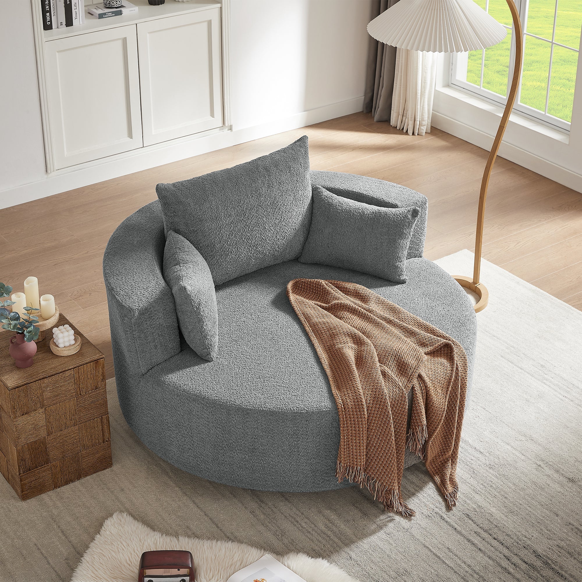 Modern Accent Swivel Barrel Chair with Removable Pillows, Grey Chenille, 56.3x56.3x35.5 in