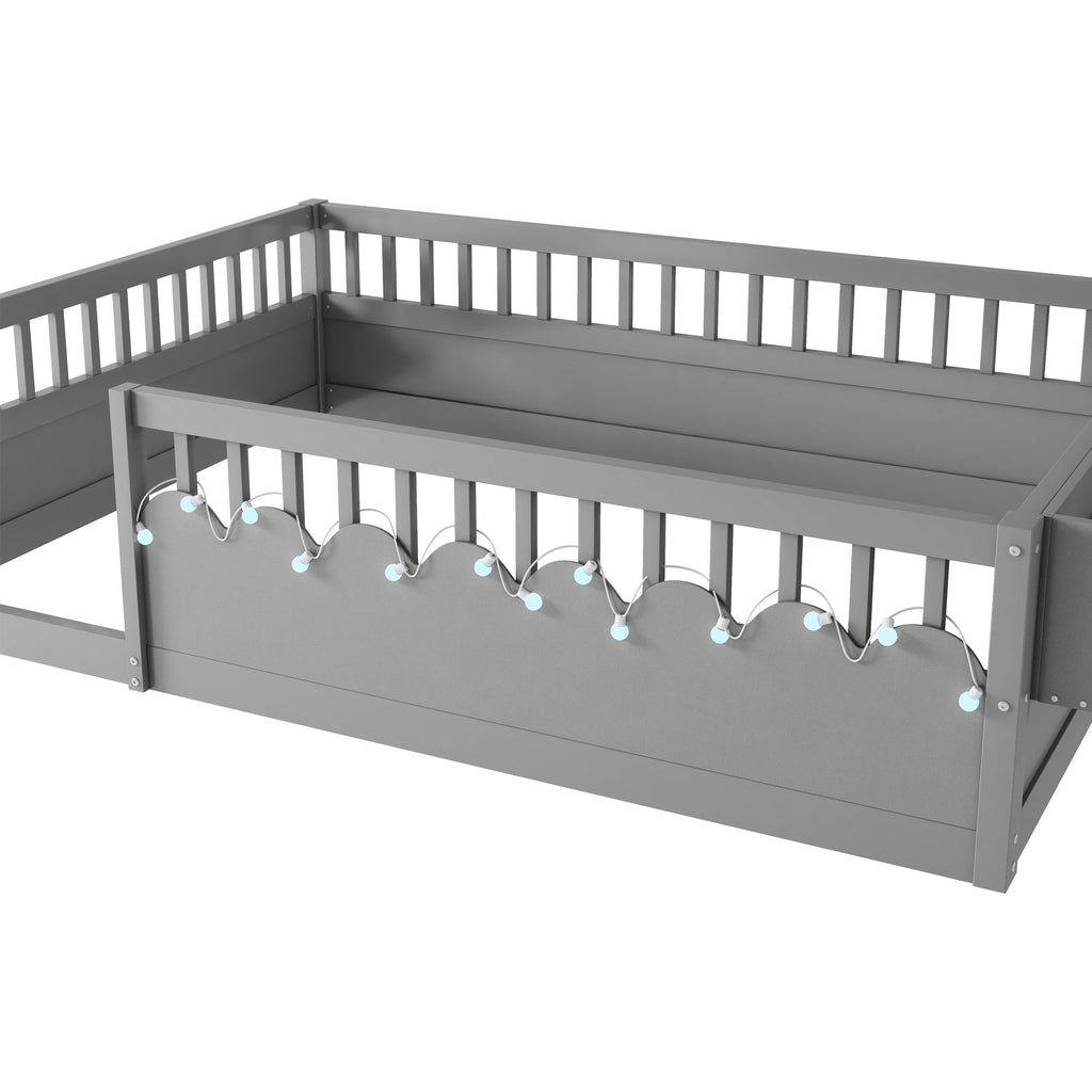 Full Montessori Floor Bed Frame with High Rails, Wood Kids Floor Beds with Light and Storage Shelf, Gray(Expect Arrival Date 2025/8/15)