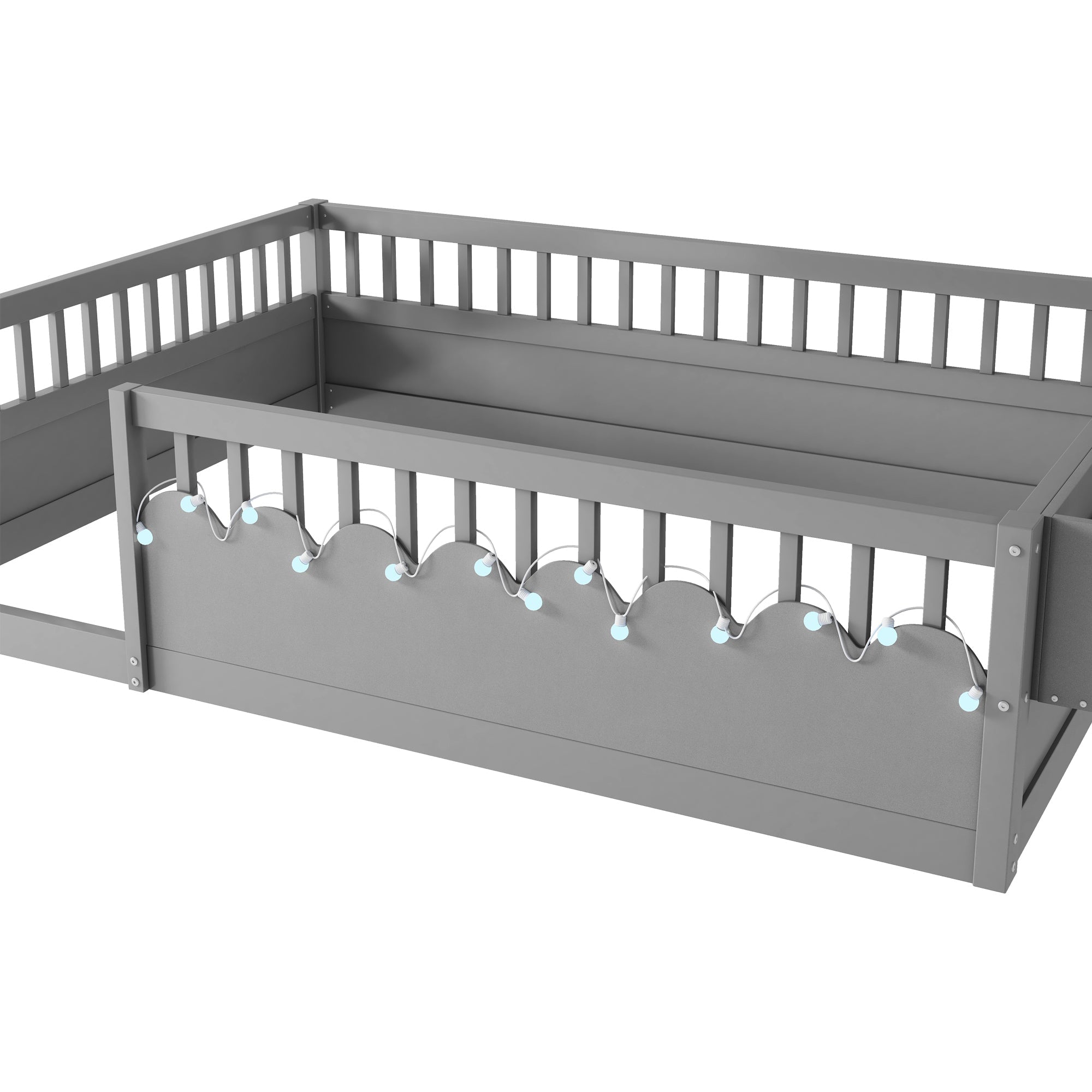 Full Montessori Floor Bed Frame with High Rails, Wood Kids Floor Beds with Light and Storage Shelf, Gray(Expect Arrival Date 2025/8/15)